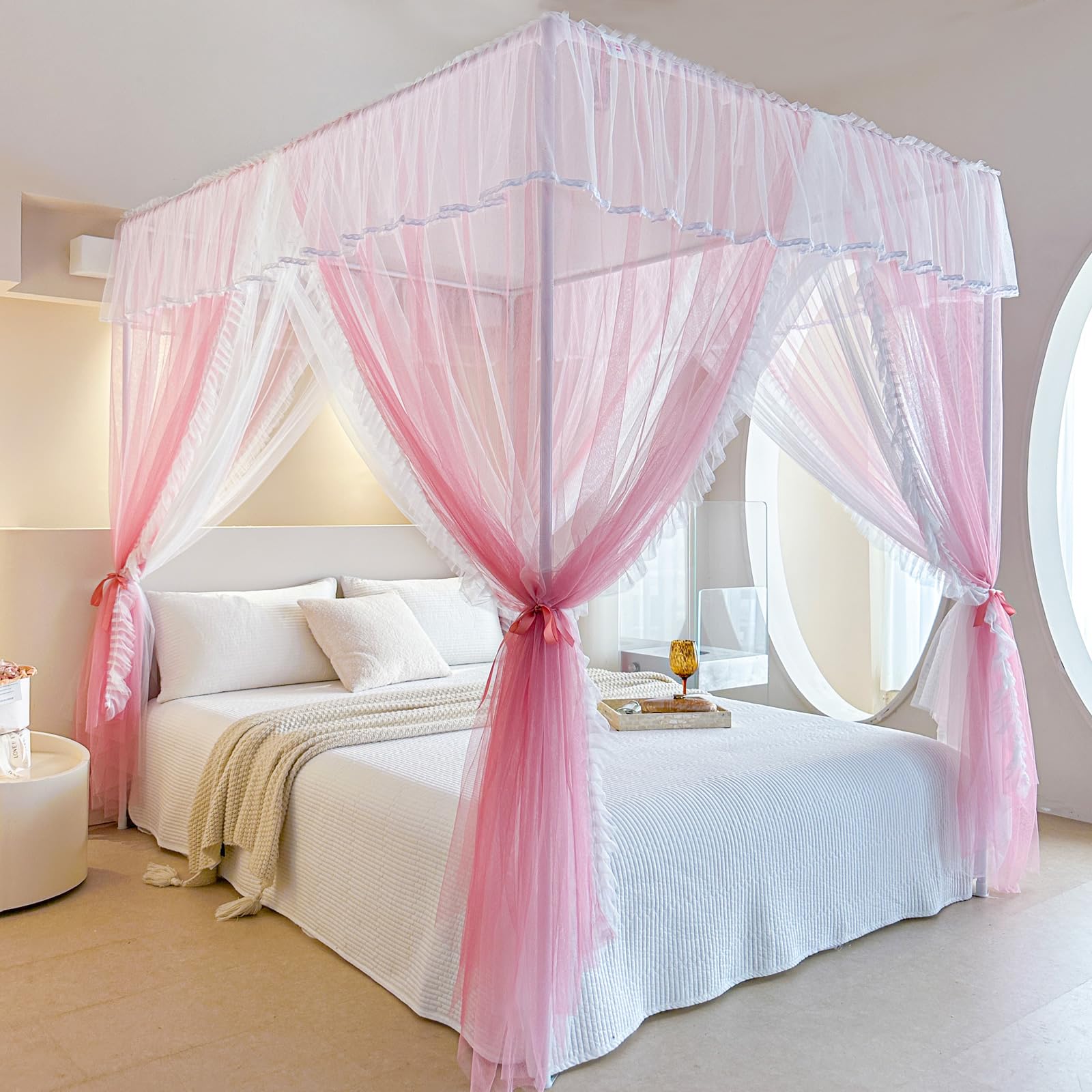 Cortina de cama de princesa con volantes AIKASY rosa de doble capa para camas Queen elegantes