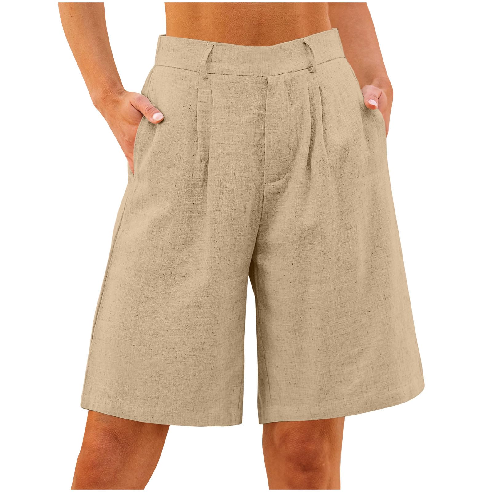 Cotton Linen Womens Bermuda Shorts Dressy Wide Leg Summer Shorts Pleated High Waisted Baggy Knee Length Short Pants