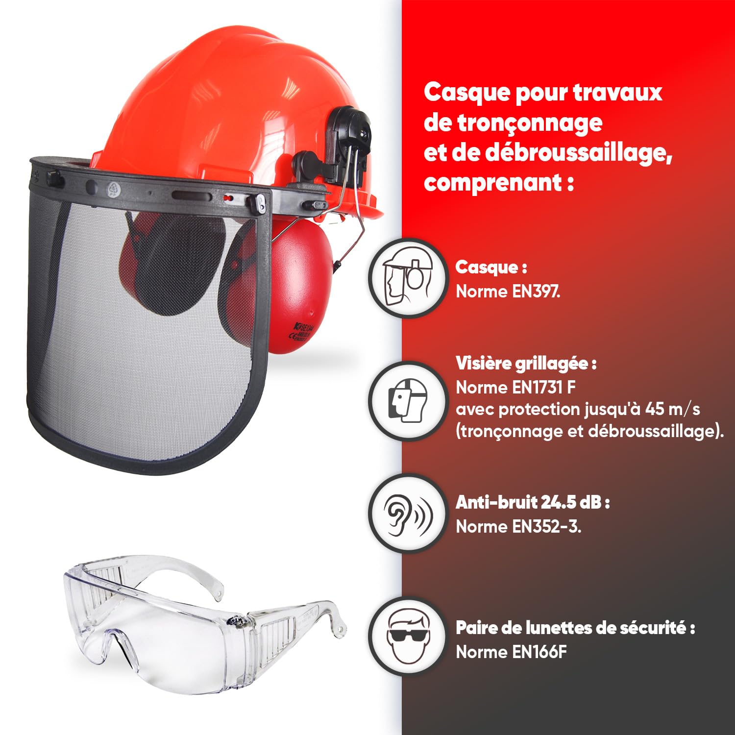 OZAKI - Casque Forestier Professionnel pour Tronçonnage & Débroussaillage - avec Protection Anti Bruit 25dB, Visière Grillagée Classe F 45m/s et Lunettes