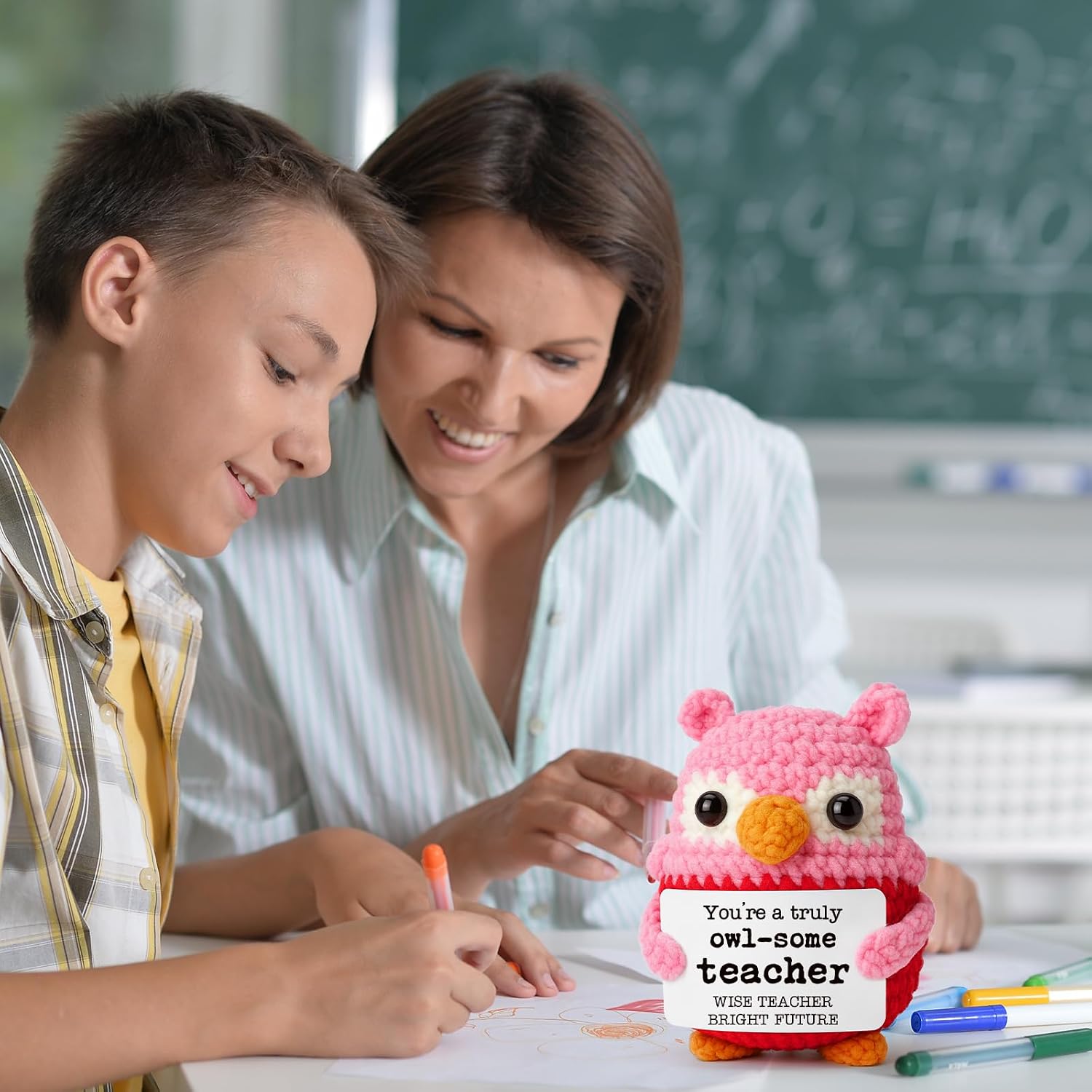 Pink Owl Crochet Birthday Gift for Teacher, Handmade Thank You Keepsake for Women Mentors, Inspirational Crochet Teacher Appreciation Present, Graduation End of School Year Desk Decor