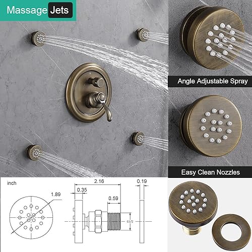 Miniatura 29 de Sistema de ducha antiguo de oro cepillado con chorros: Juegos de grifos de lluvia de 9 pulgadas Conjunto completo de cabezal de lluvia de pared