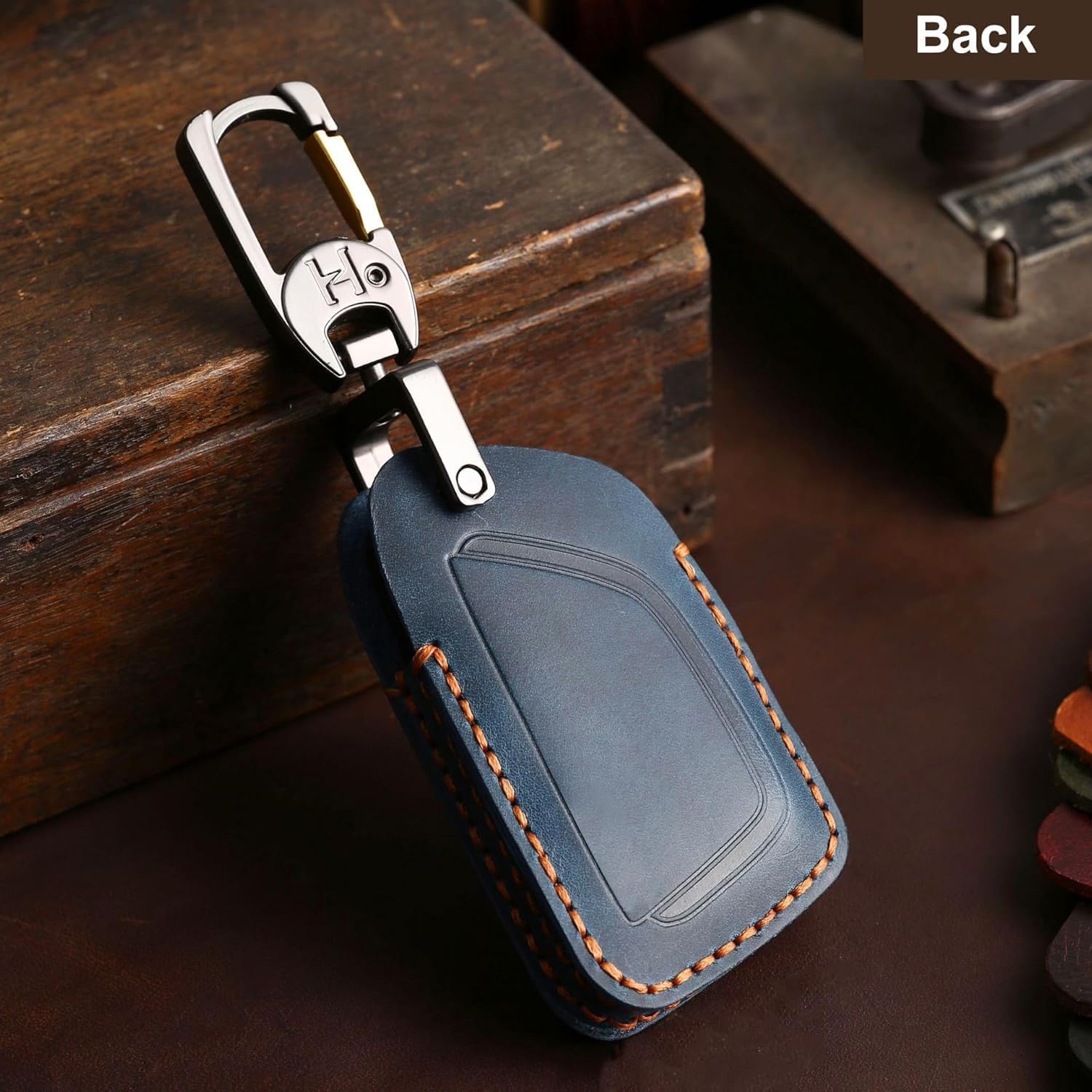 5 Buttons Leather Key Fob Cover, Compatible with Cadillac Escalade CT4 CT5 CT6 XTS XT4 XT5 ATS Lyriq 2020-2026 2027, Retro Style Design Key Holder Protector, Blue image 4
