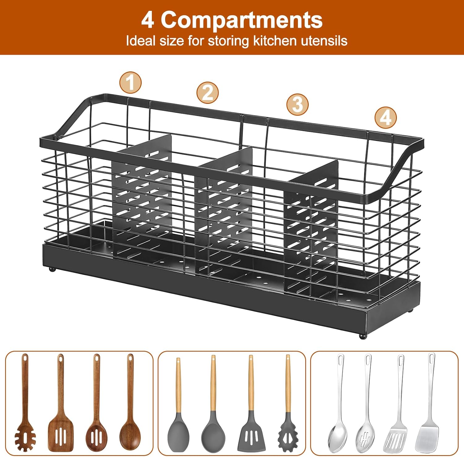 MYITYARD Utensil Holder for Kitchen Counter, Large Cooking Utensil Organizer with 4 Compartments, Matte Black Kitchen Organization for Countertop, Forks, Knives, Spoons, Cooking Tools