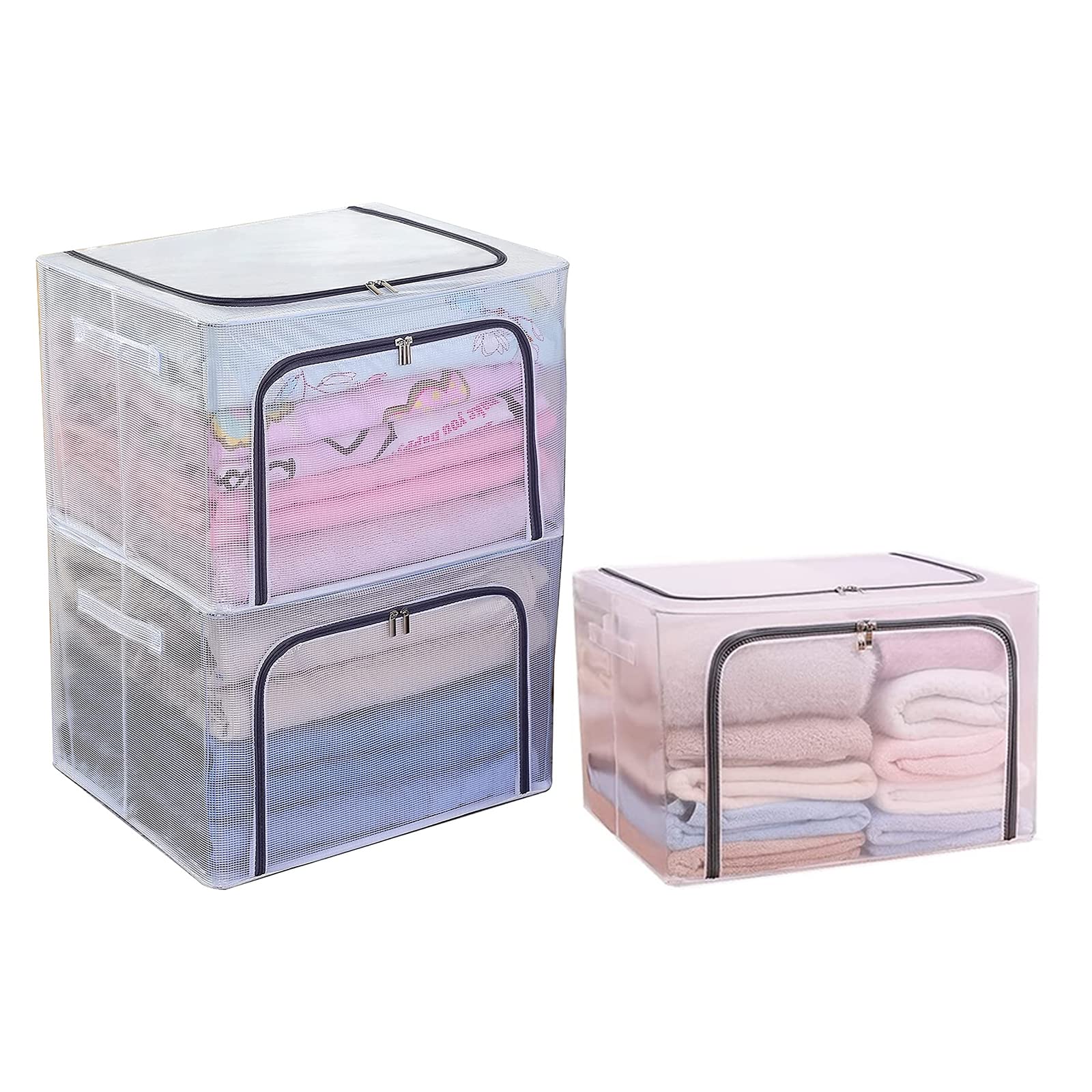 Foldable Clothes Storage Boxes with Steel Frame 66L 3 Pack Transparent Foldable Storage Boxes Double Zipper Clothes Storage Organizer for Clothing Shoe Toys Bedroom(White-3PCS(66L))