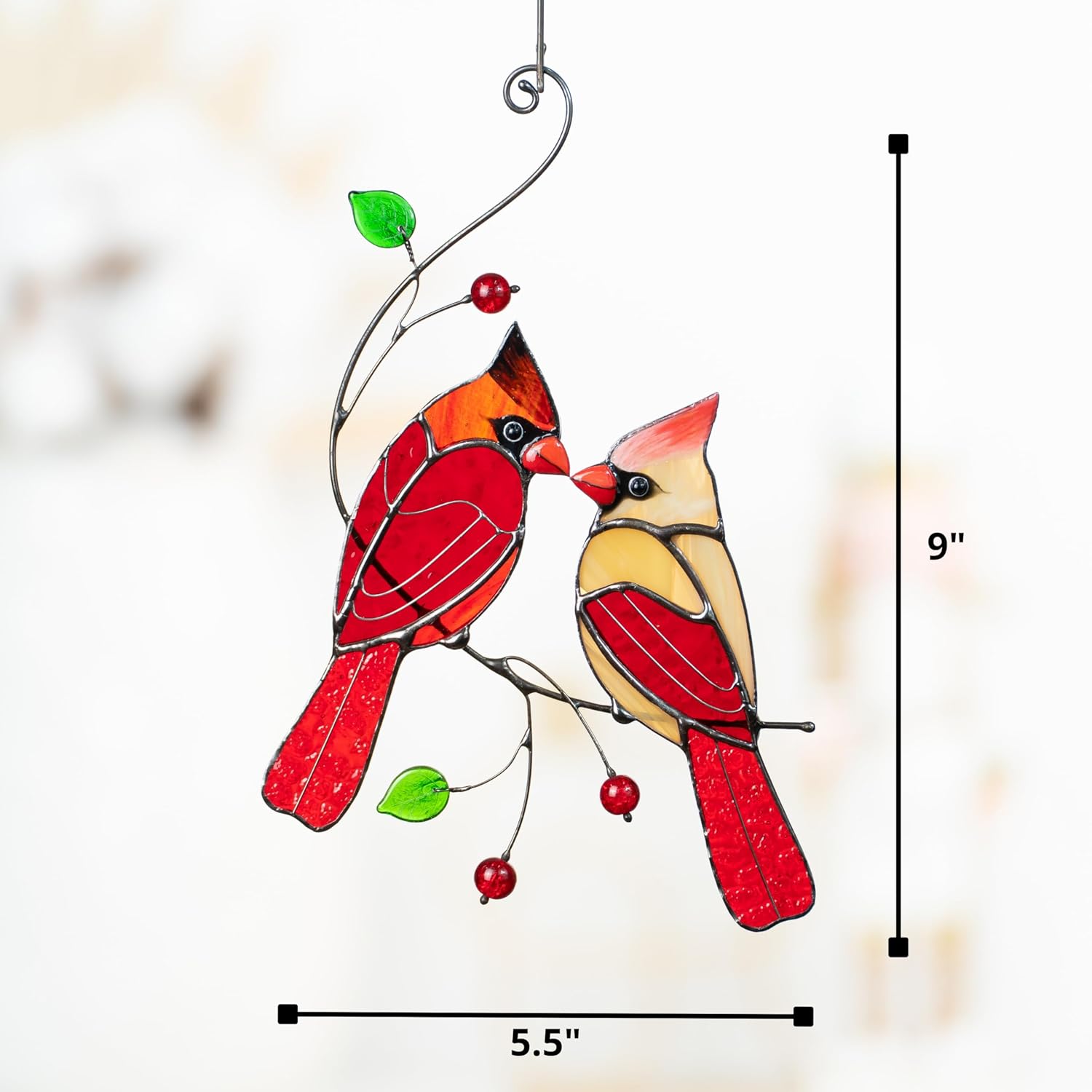 Red Northern Cardinal Birds Stained Glass Suncatcher Genuine Stained Glass Window Hangings Unique Indoor Ornament & Outdoor Decor (Style 1)