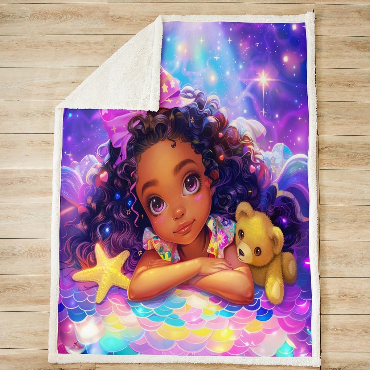 Cute Girl Flannel Blanket,African Style American Theme Fuzzy Blanket for Children Present,Stars Galaxy Starfish Colorful Scale Print Polyester Throw Blanket for Couch, Twin Size (60 x 80 Inch)