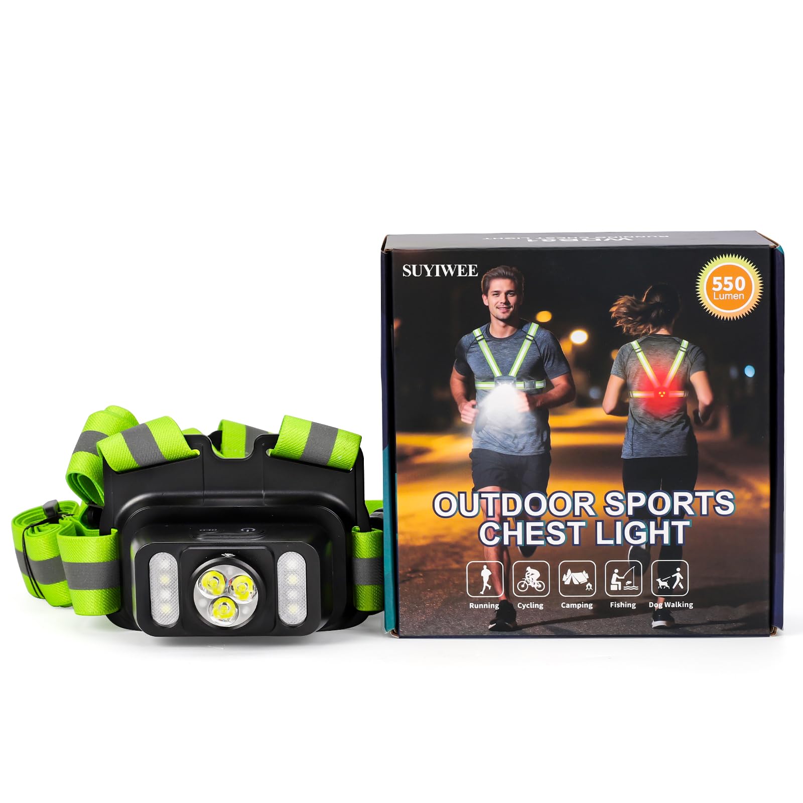 Luces de correr de 550 lm para corredores con luz trasera, 7+2 modos y chaleco reflectante de 360°, IPX4 impermeable, luz de correr recargable ajustable de 45° para caminar, ciclismo