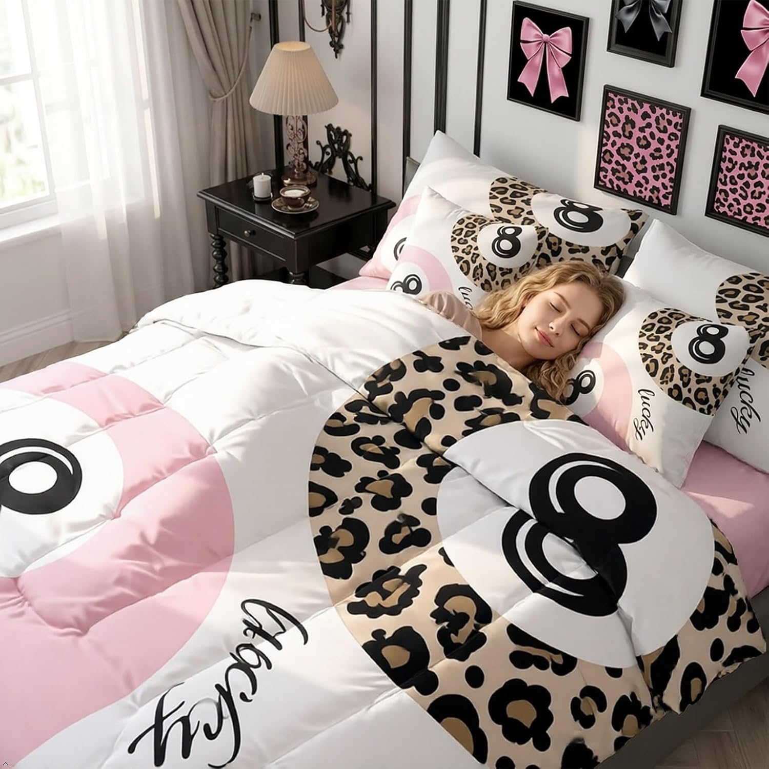 Funky Lucky 8 Ball Comforter Set 7 Piece Bed In A Bag Full,Boys Girls Preppy Leopard Print Bedding Sets,Lucky 8 Ball Cheetah Comforter and Sheets Y2K Trendy Preppy Bed Set Room Decor Aesthetic