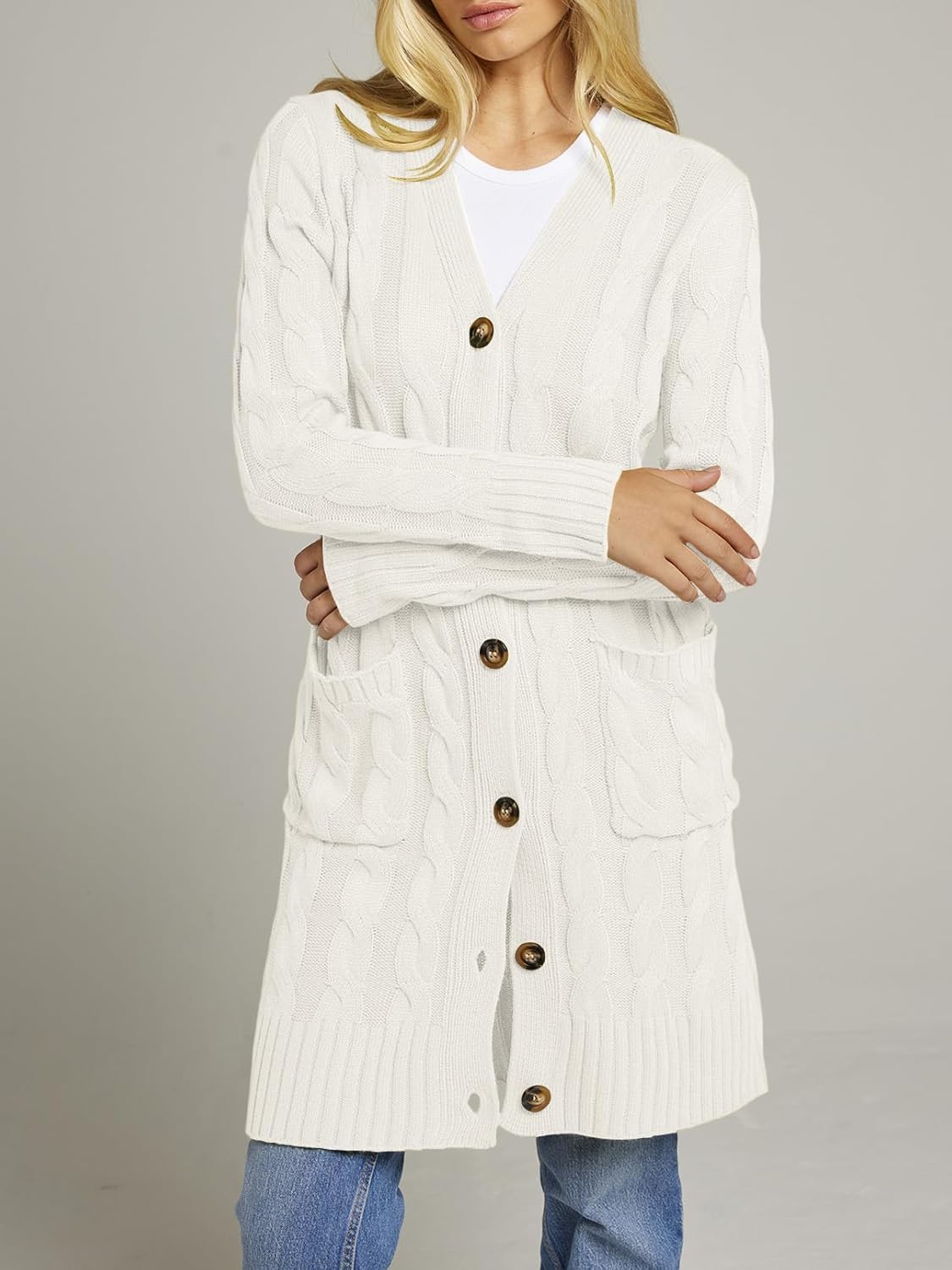 MEROKEETY Women's 2025 Long Sleeve Cardigan Sweater Fall Winter Cable Knit Open Front Button Long Outerwear - Image 6