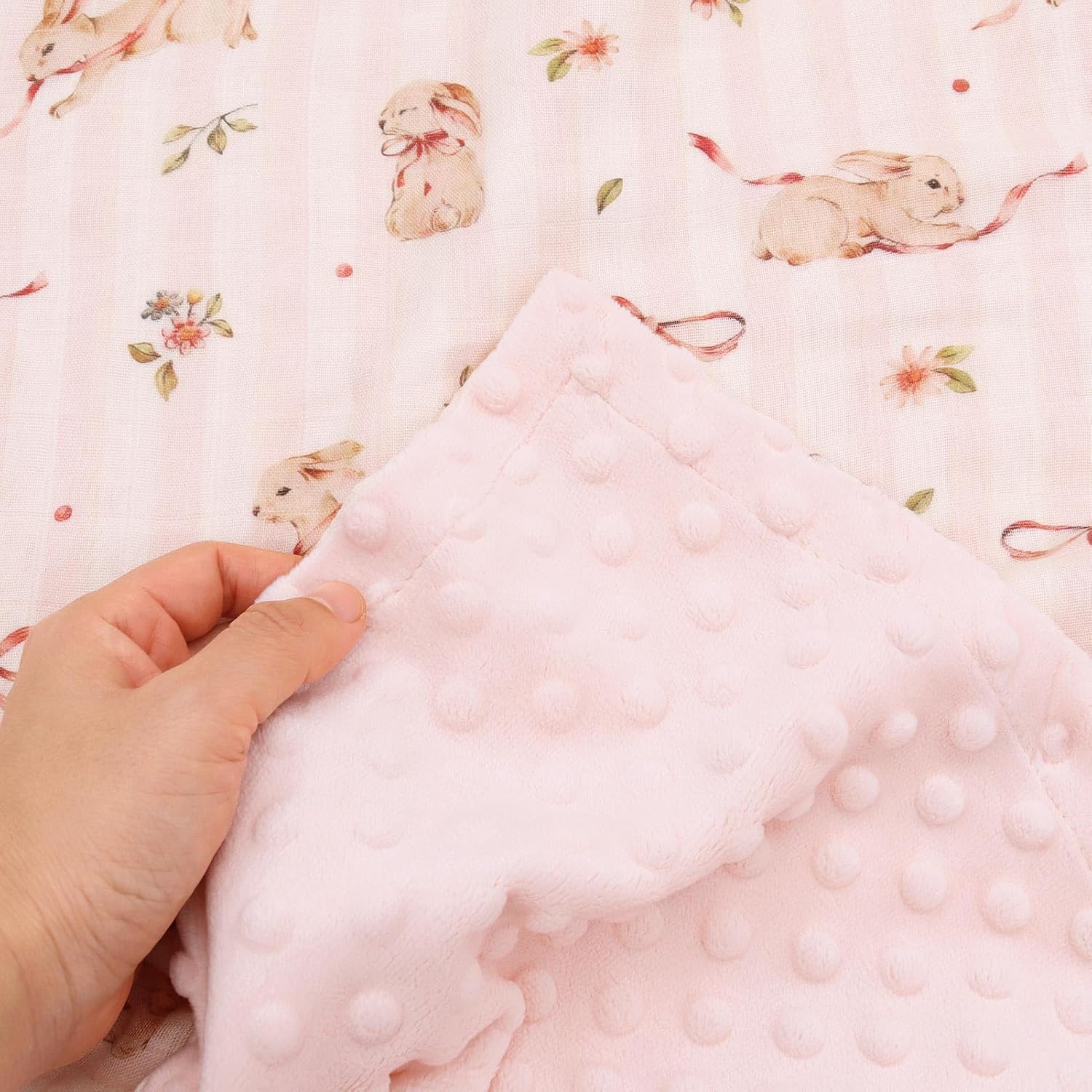LifeTree Baby Blankets for Boys Girls, Soft Double Layer Swaddle Blankets, Muslin Front and Dotted Fleece Backing Receiving Bed Throw Blanket for Newborn Unisex, 31X40 Inches, Bow Rabbit