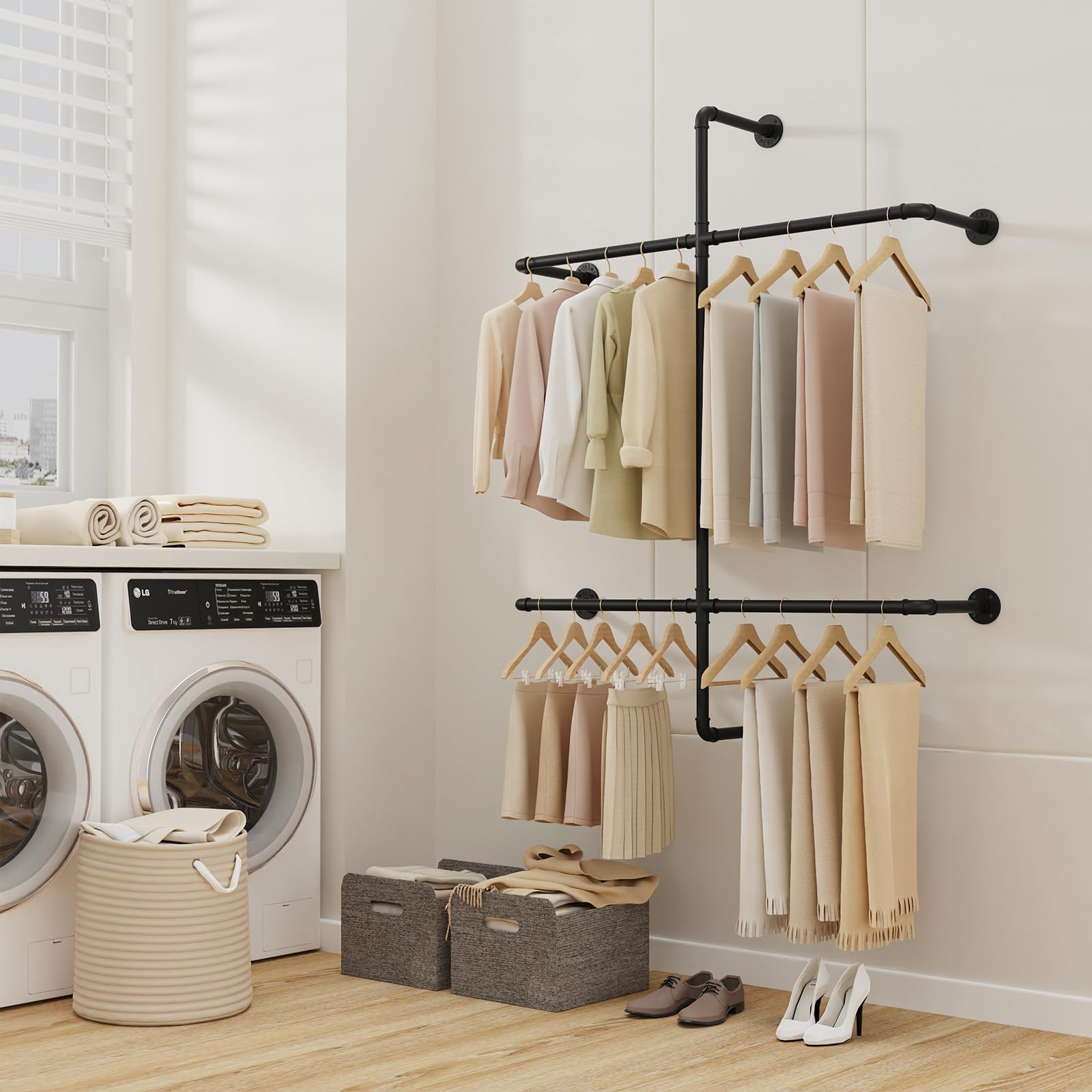 Yawinhe Barra Para Colgar Ropa de Pared,2 columnas Burro Ropa,Negro | Armario Abierto,Perchero Industrial Resistente;Barra Perchero de Tubos Metálicos para Dormitorio,para Tienda de Ropa