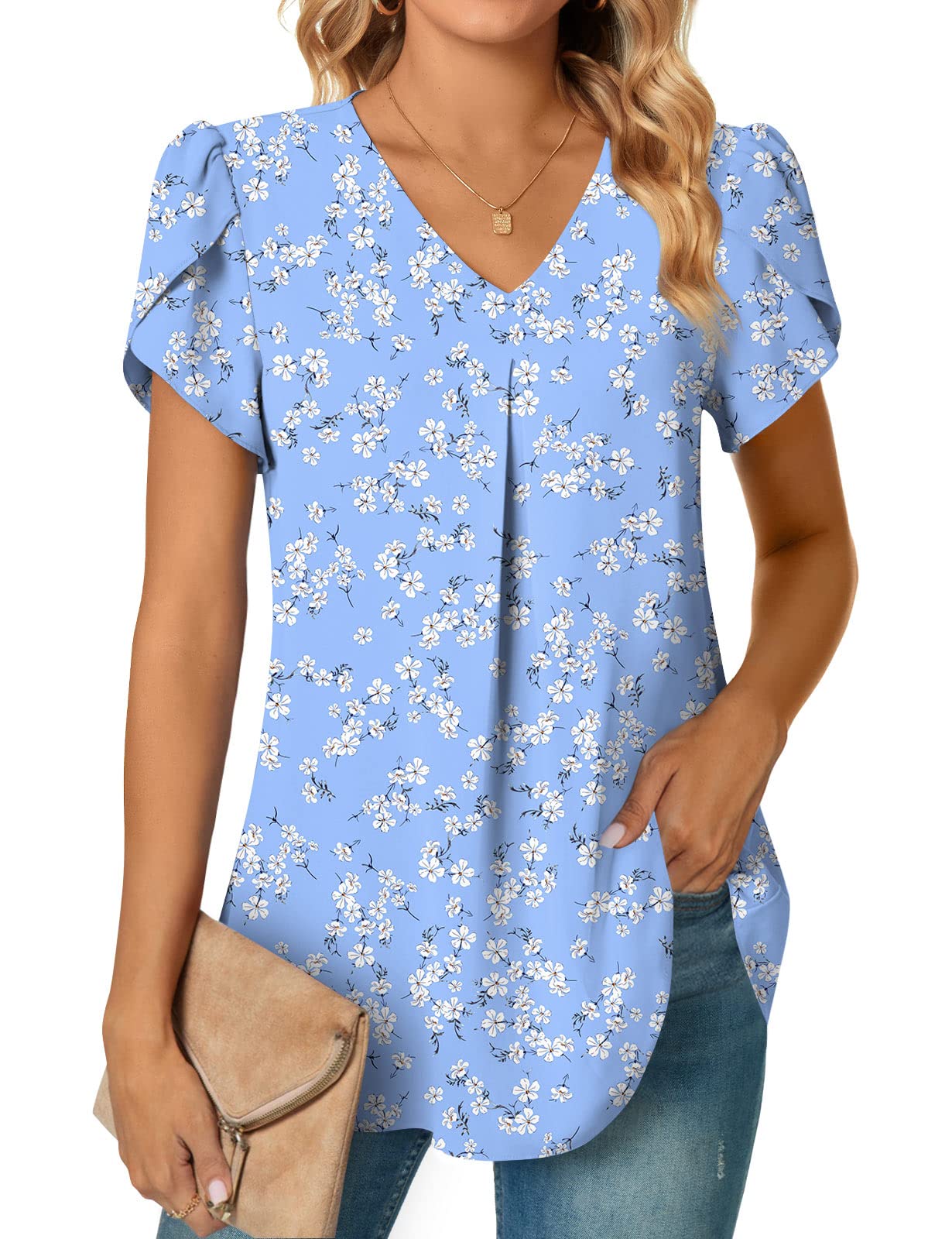 AnyallyWomens Summer Dressy Chiffon Blouses V Neck Short Sleeve Tunic Tops for Leggings Casual T-Shirts