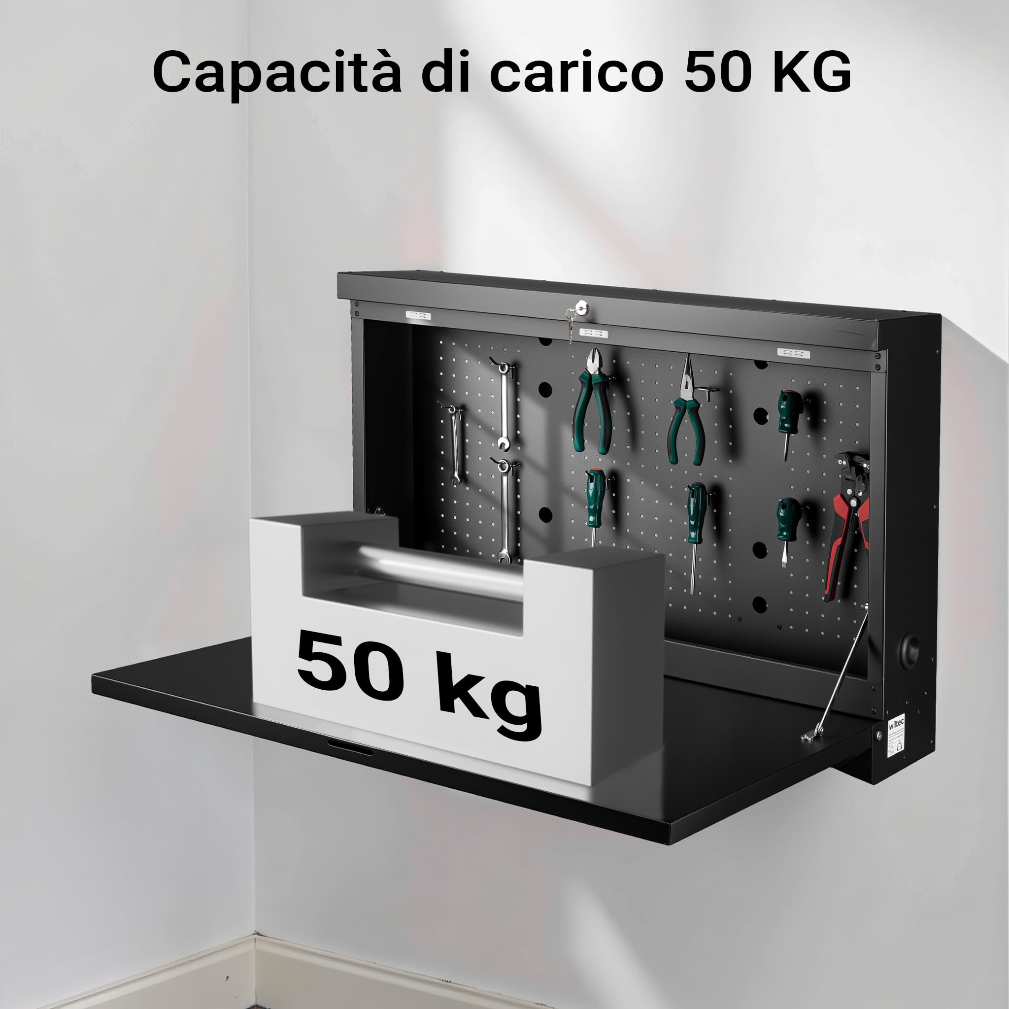 Wiltec Banco da lavoro pieghevole a parete, portata fino a 50 kg, tavolo richiudibile con pannello porta attrezzi forato, in acciaio, 91,2 x 69 x 61 cm, con 2 chiavi, ideale per officine e garage