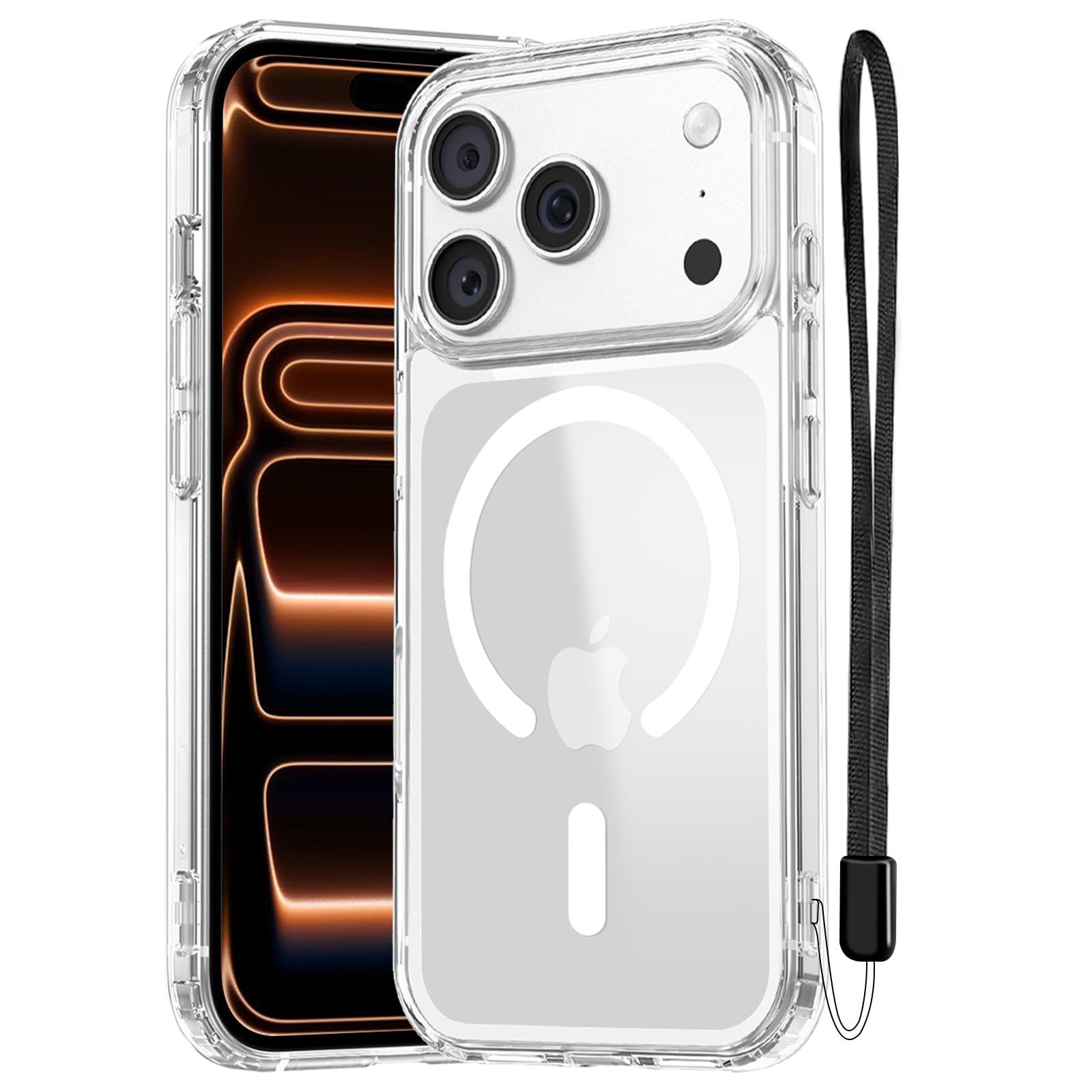NEW'C Magnetisch Hülle für iPhone 17 Pro Max (6,9 Zoll) kompatibel mit MagSafe Ultimate, stoßfest-starker Magnetismus und militärischer Schutz-schlanke Hülle mit Umhängeband-Transparent