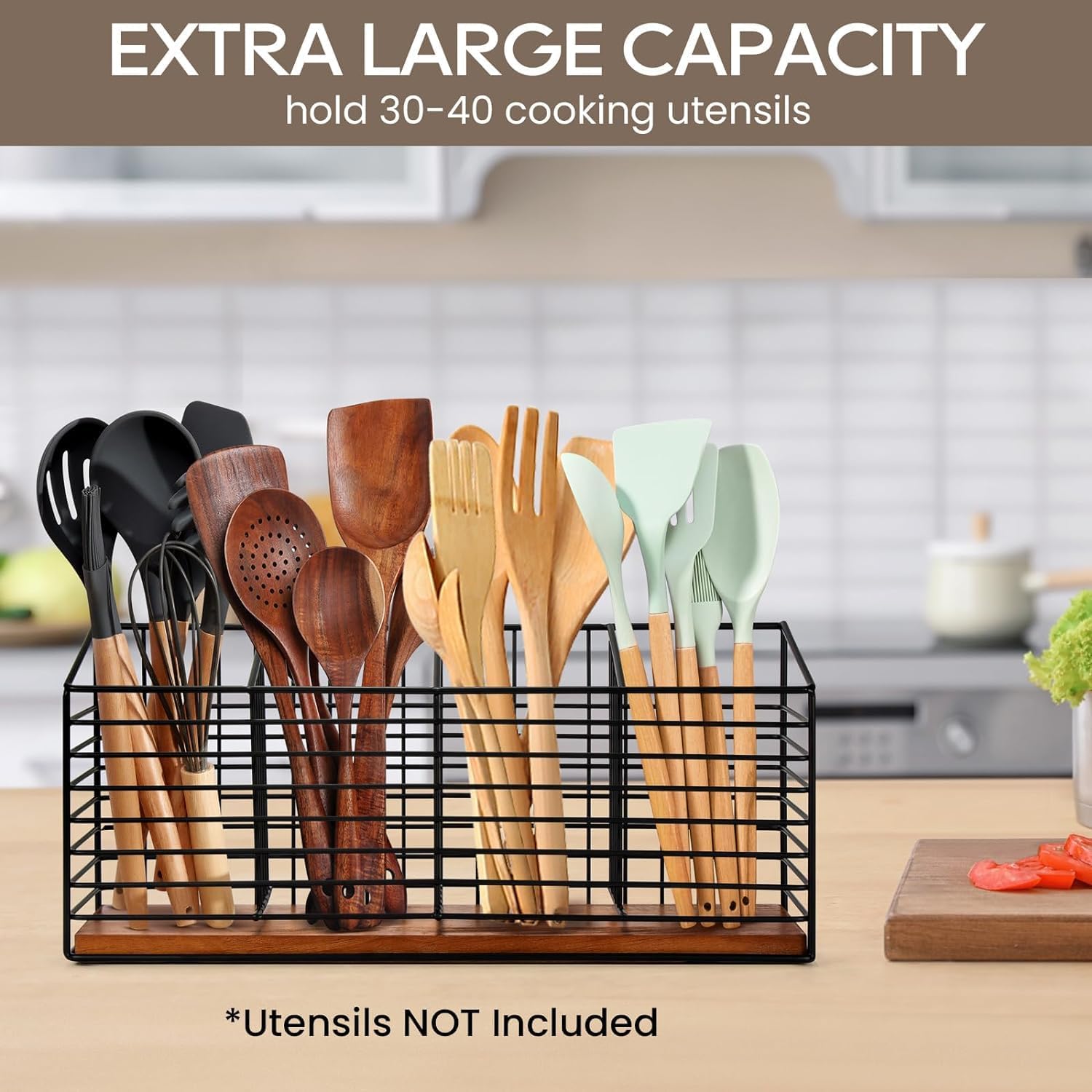 OGFC 5009 Large Utensil Holder for Kitchen Counter Black Metal Cooking VESSELS Organizer for Countertop 4 Compartments Kitchen Tools Holder for Spatula POTLID Crock Caddy 2