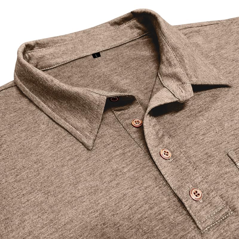 Men's Casual Polo Shirts Classic Short Sleeve Button Tees Basic Golf Shirt Cotton Top with Pocket Khaki XL