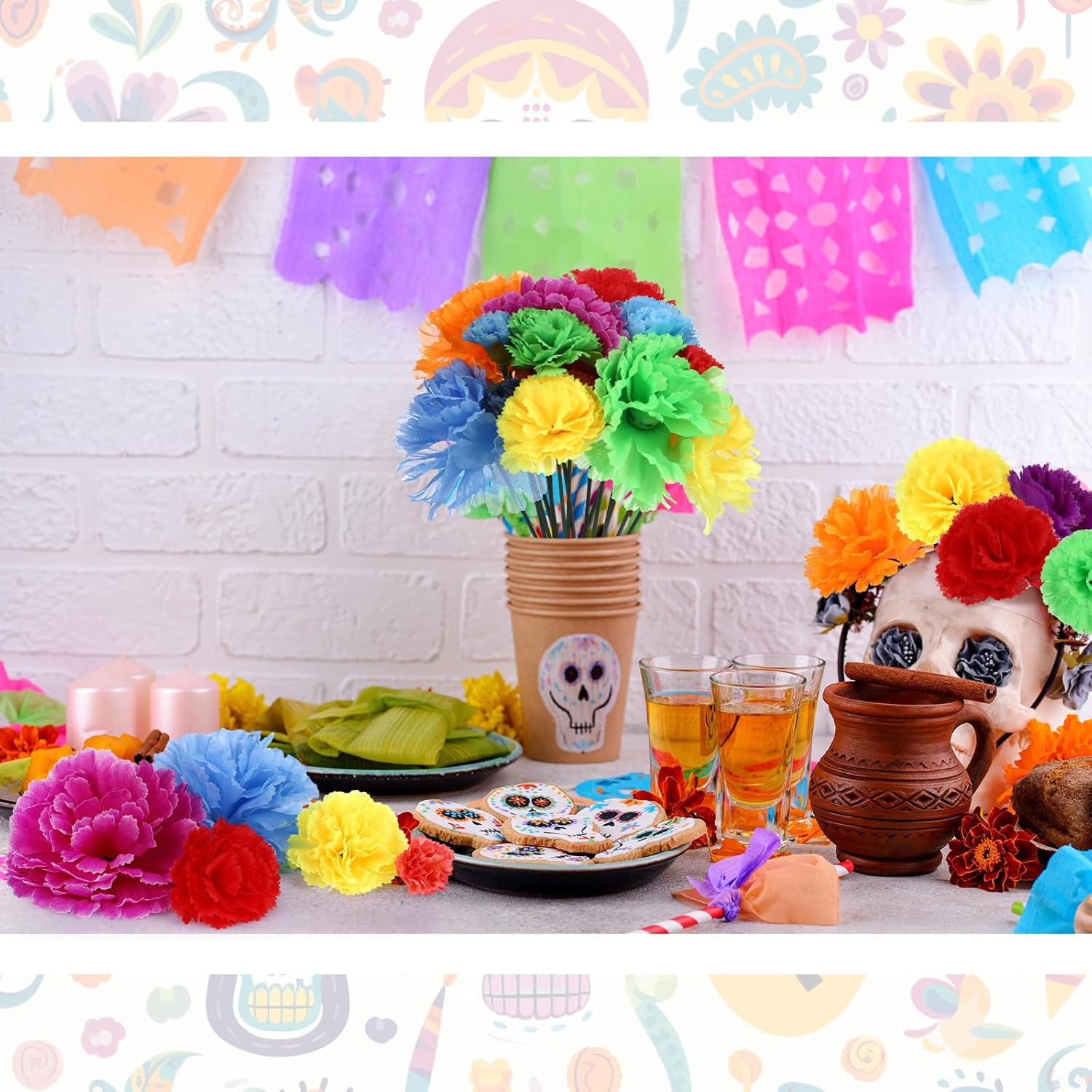 108 Pcs Artifical Marigold Flower Heads Bulk, Silk Marigold with Stems, Mexican Flowers Multicolor DIY Garland Craft Supplies Mexican Fiesta Day of The Dead Party Home Decor (Bright Color) - Image 4