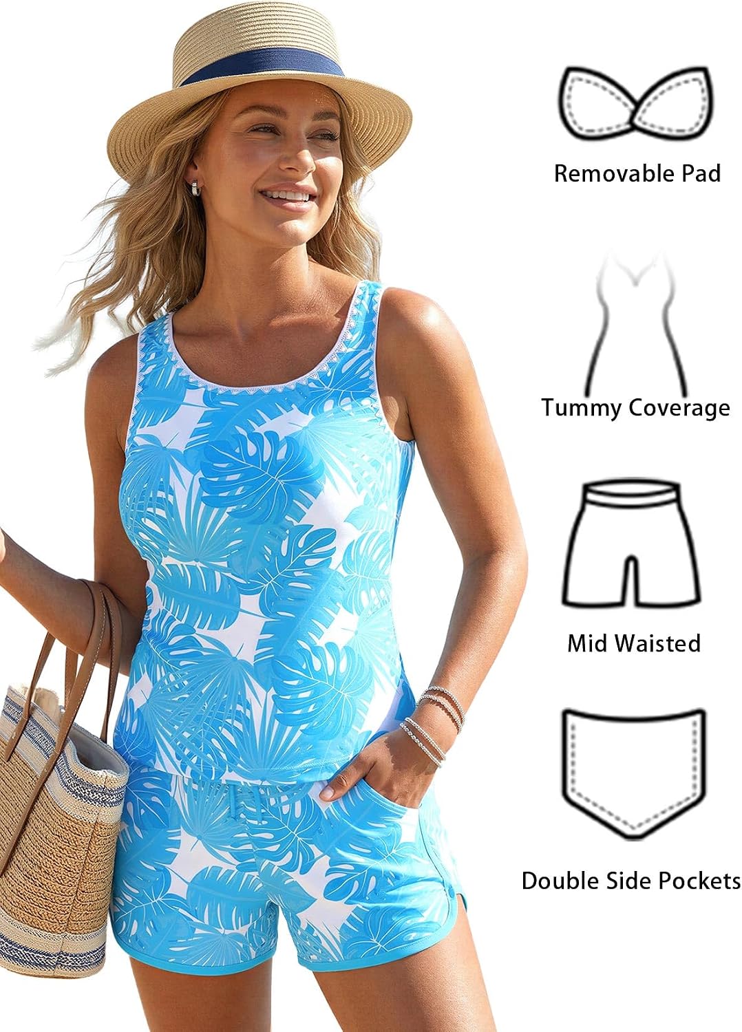 MODLILY Modest Coverage Womens Tankini Swimsuits with Pocket, Bathing Suits Contrast Binding Tank Top with Board Shorts
