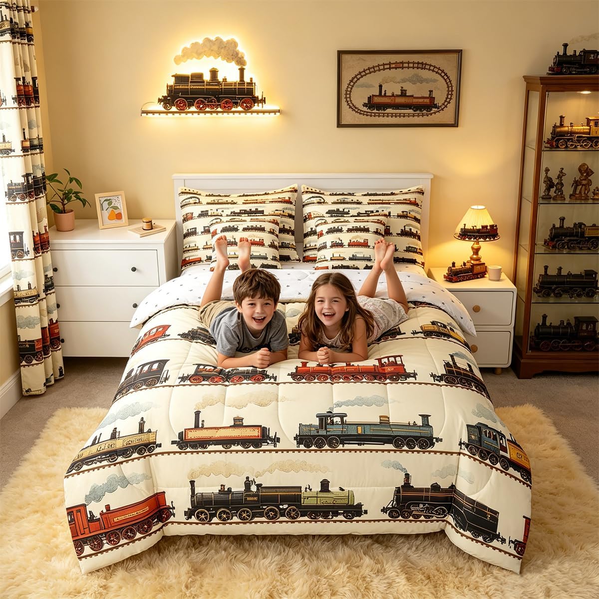 Feelyou Vintage Train Comforter Set Twin 7 Pcs Retro Steam Engine Boys Girls Retro Steam Locomotive Train Bedding Set Vehicle Train Bed in a Bag with Comforter, Sheets, Pillowcases & Cushion Cover