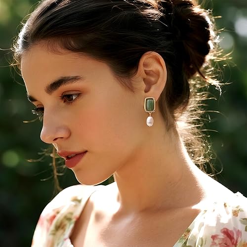 Miniatura 3 de Sonateomber Gold Gemstone Dangle Drop Earrings for Women,Chunky Statement Pearl Square Natural Stone Healing Dangling Earings Prom Wedding