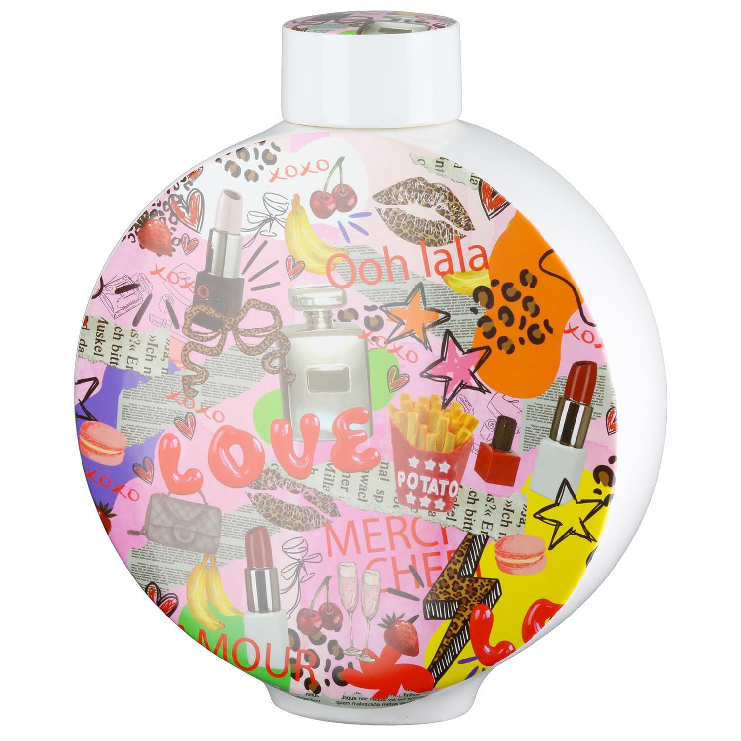 GILDE OOH LALA Ceramic Lid Vase, Pop Art Motif, Round, Multi-Coloured, Height 30 cm x Width 24 cm, Decorative Vase