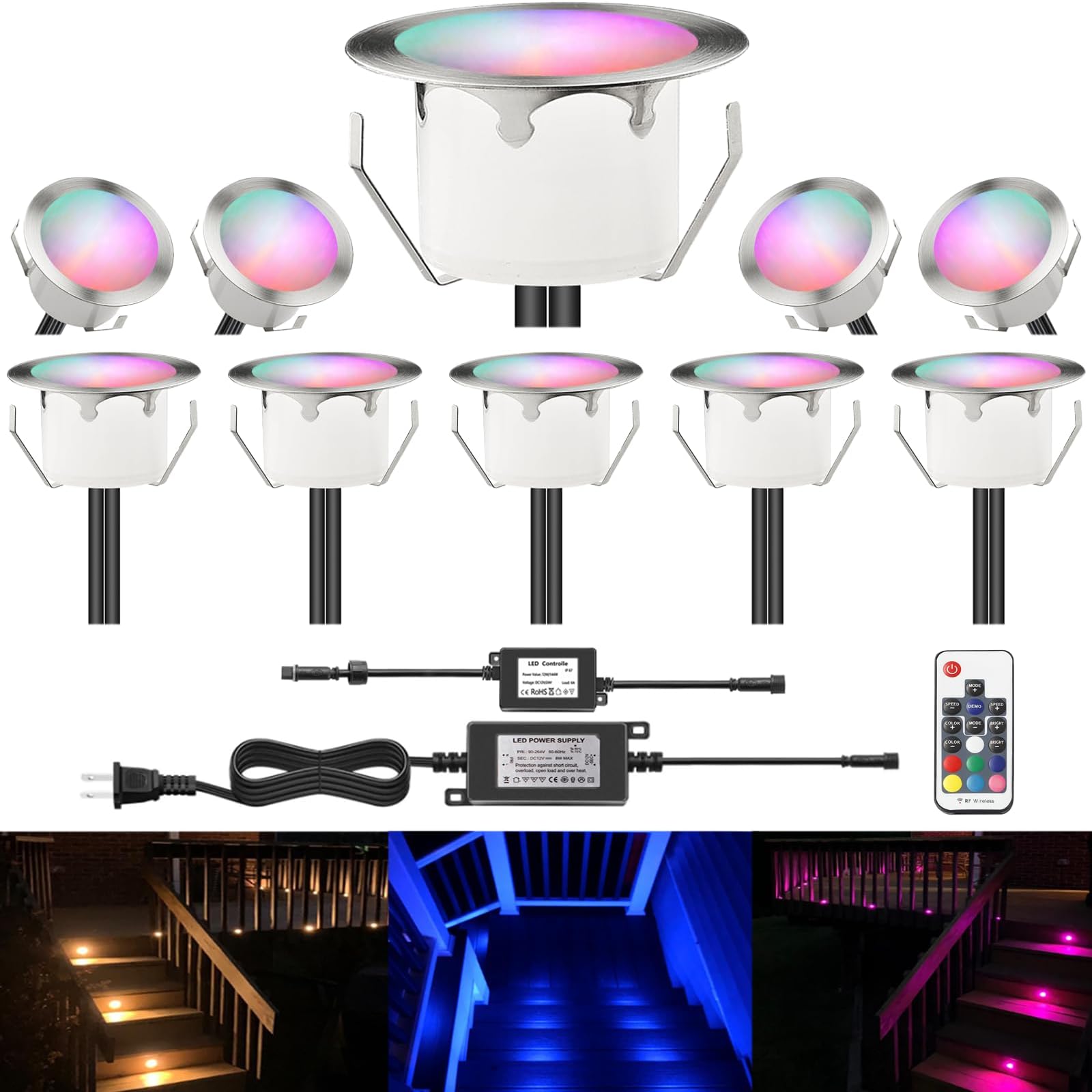 LED Outdoor Deck Lights Kits, Φ1.77in RGB 10 Pack Silver, Low Voltage 12V DC IP67 Waterproof, Multi Color Changing Remote Dimmable, Recessed Stair Step Floor Landscape Lighting