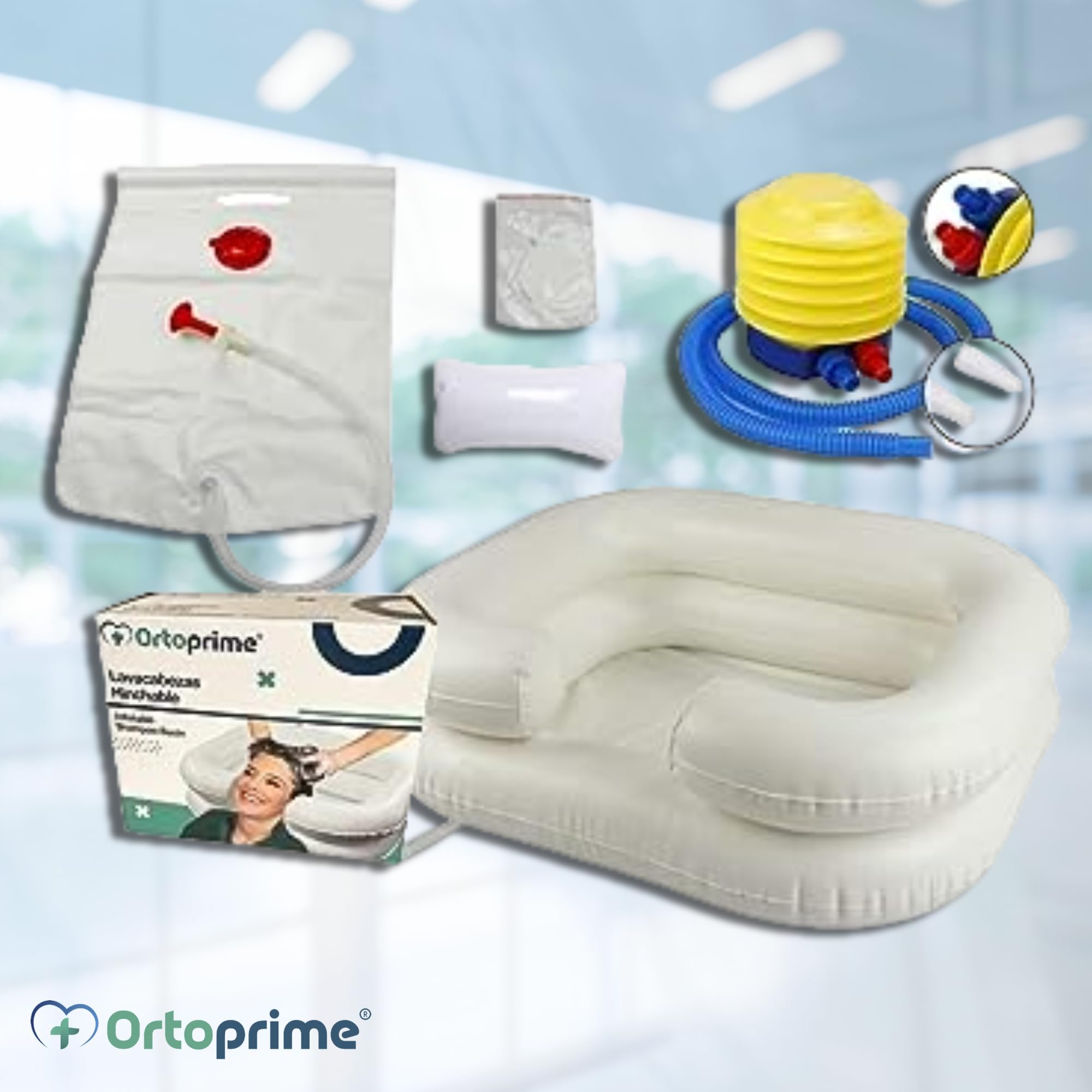 OrtoPrime Lavacabezas Hinchable para Cama KIT COMPLETO con tubo de Drenaje y Bolsa - Ortopedia Lavacabezas Portátil PELUQUERÍA y HOGAR con Hinchador - Lavabo de Cabello Bañera Hinchable para Cama