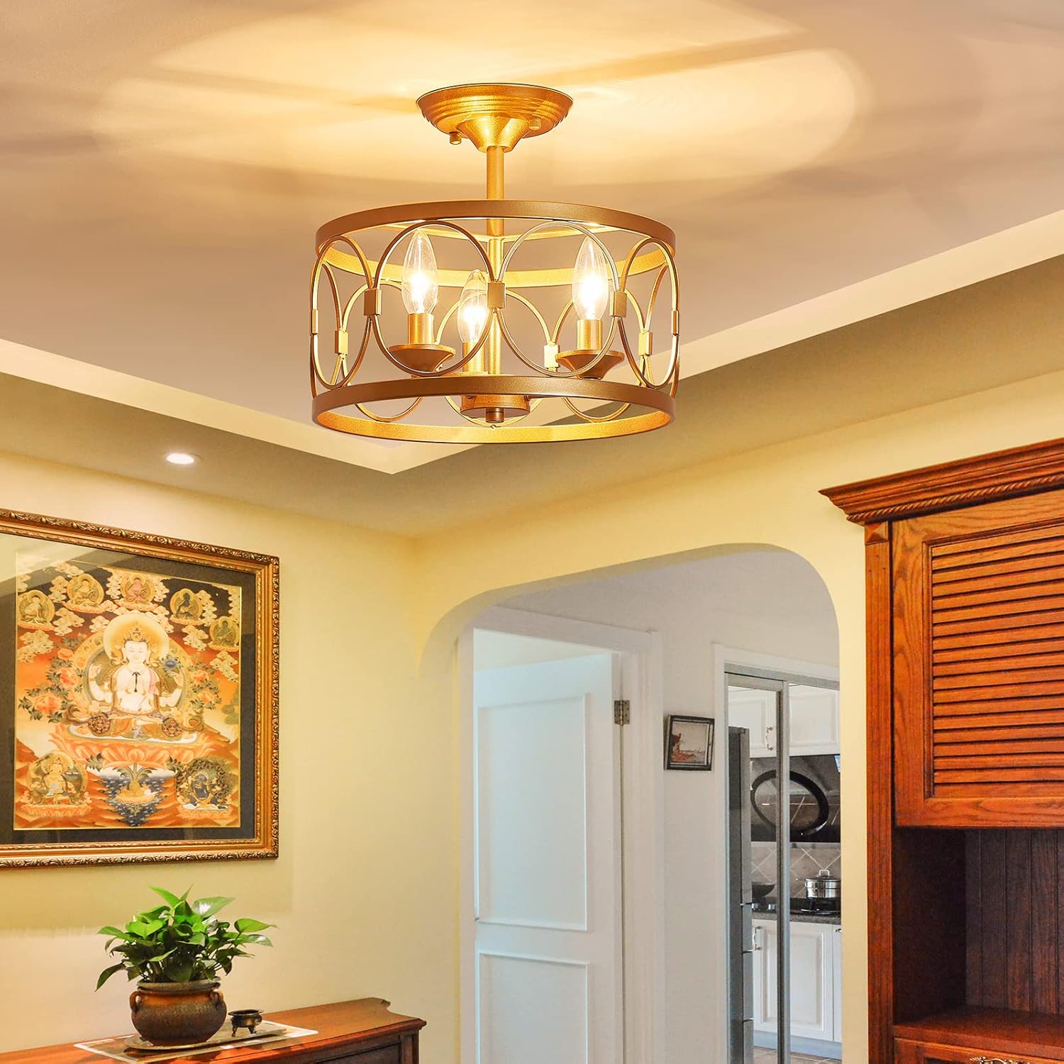 LOOYD 3-Light Semi Flush Mount Ceiling Light Fixture, Farmhouse Ceiling Light for Kitchen Bedroom, Living Room, Kitchen, Hallway (Gold)