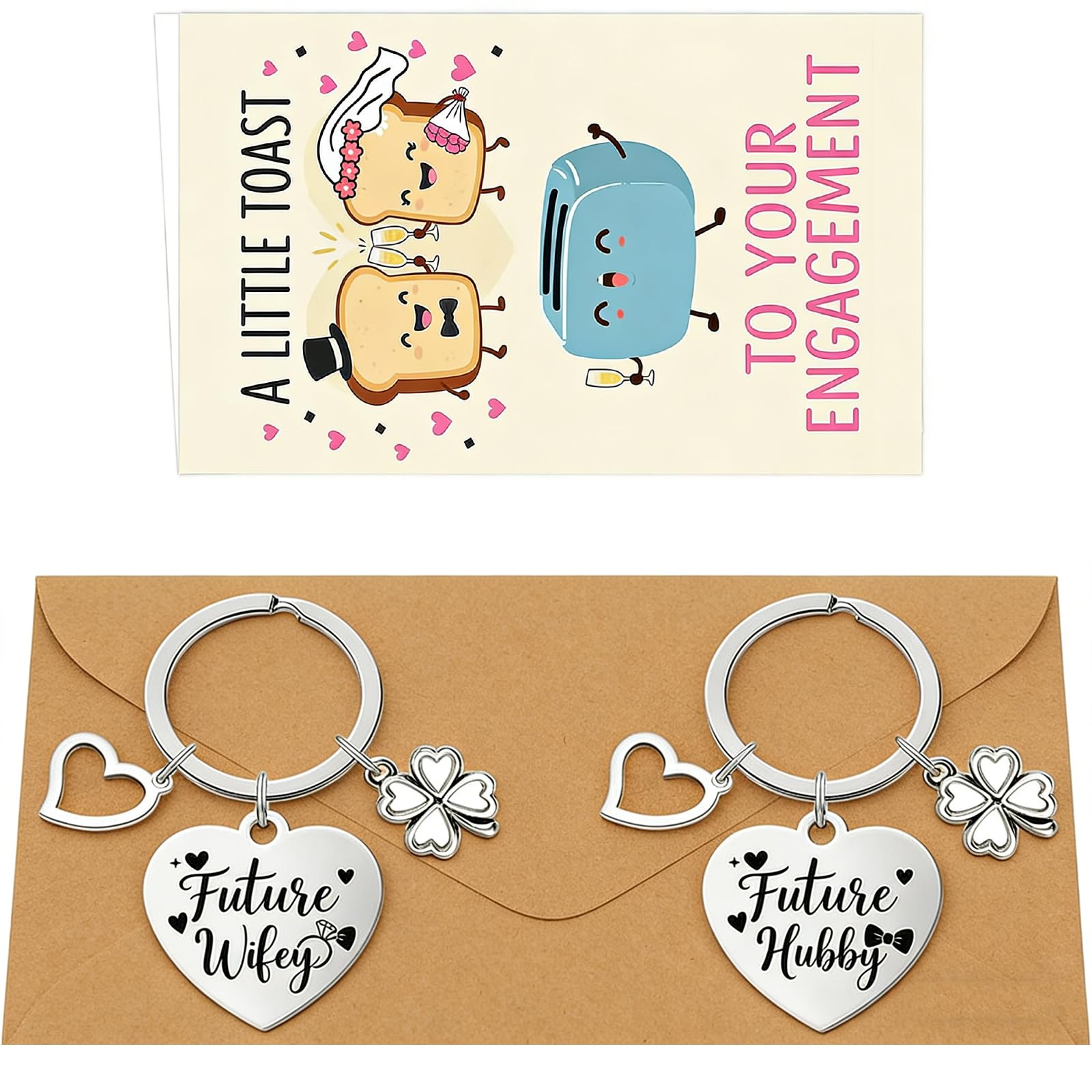 Jrteay Yellow 2 Pcs Engagement Gifts - Funny Toast Card With Heart Keyrings For Couple, Future Hubby Wifey Key Ring, Congratulations Present For Newly Engaged Bride Groom Fiancée Fiancé, Engagement Party Gift
