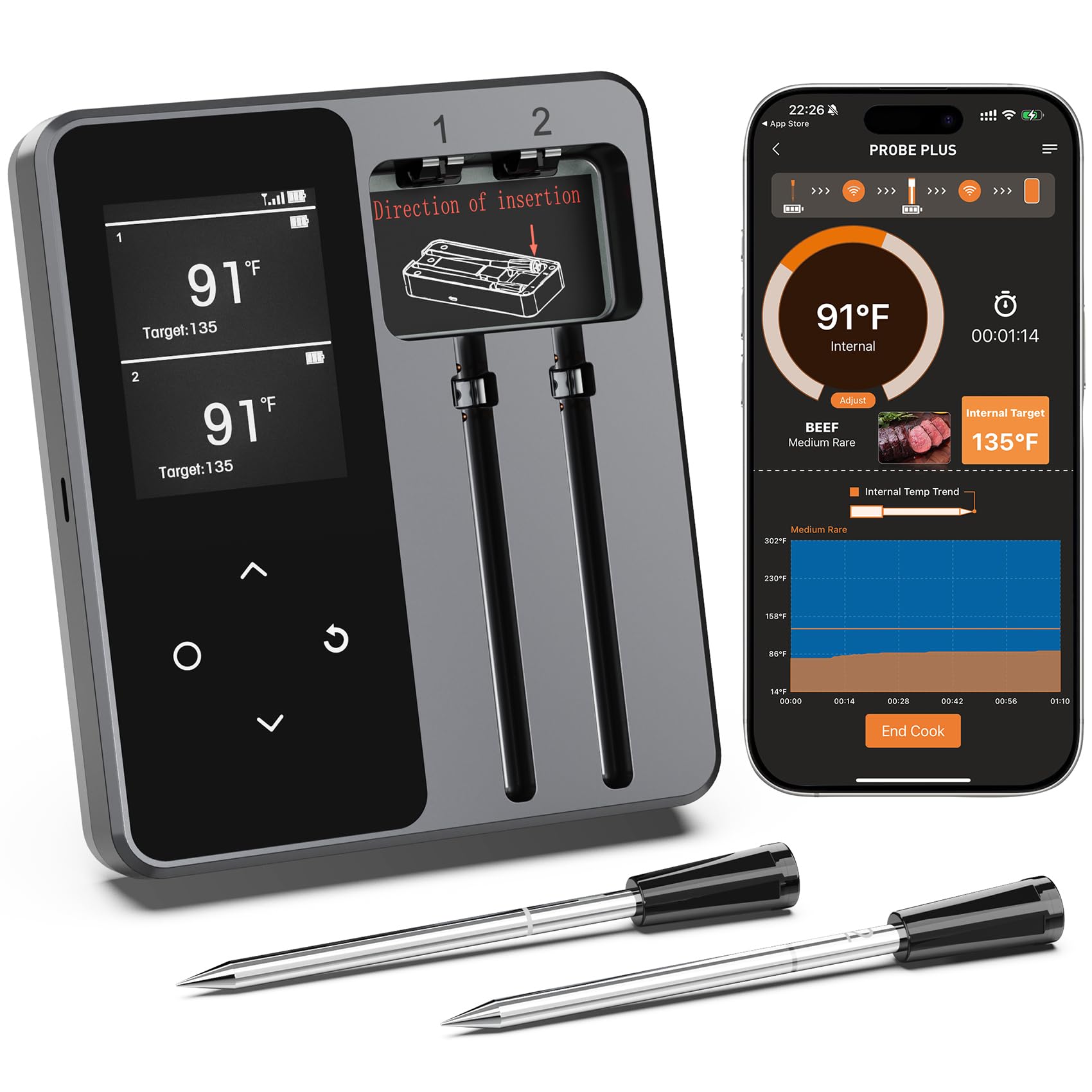 Wireless Meat Thermometer Digital Smart Bluetooth Meat Thermometer with 2 Meat Probes 656FT Food Thermometer for Cooking with Smart LCD Display for Turkey Beef Steak Chicken Rotisserie BBQ Oven Smoker