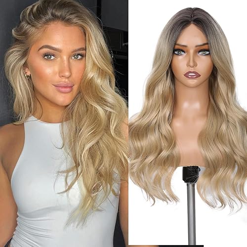 Lady Miranda Blonde Wigs Long Ombre Blonde Wavy Wig Middle Part Curly Wavy Wig for Women Natural Looking Long Blonde Wig With Dark Roots (1-Ombre Honey Blonde 22)