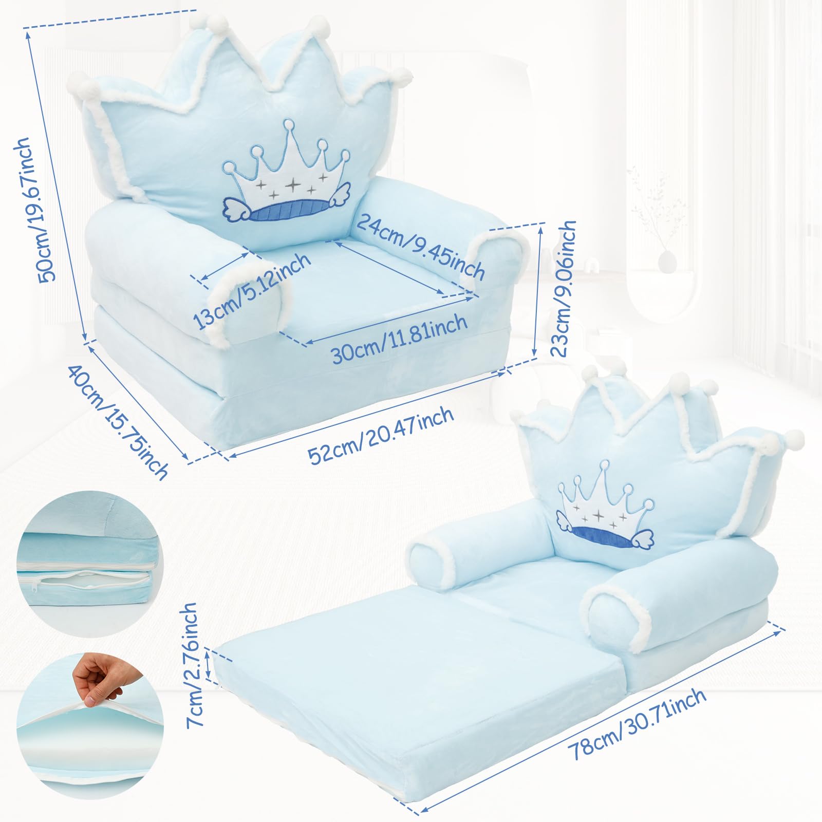 Krzesło dla małych dzieci, wygodna sofa do spania, składana kanapa dla małych dzieci, lekka kanapa dla niemowląt, przenośna kanapa dla dzieci w wieku od 1 do 4 lat (niebieska korona futrzana)