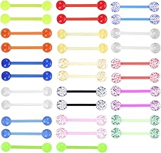32PCS Plastic Tongue Bars Set 14G Acrylic Glow-In-Dark Glitter Nipple Rings Clear Piercing Valentine Jewelry Graduation Gift 16mm Flexible Straight Barbell Body Piercings for Women Men Vacation