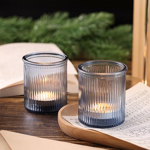 Miniatura 6 de 8 portavelas votivas azules acanaladas, portavelas de cristal para velas de té, candelabros azules para centro de mesa, decoración de boda,