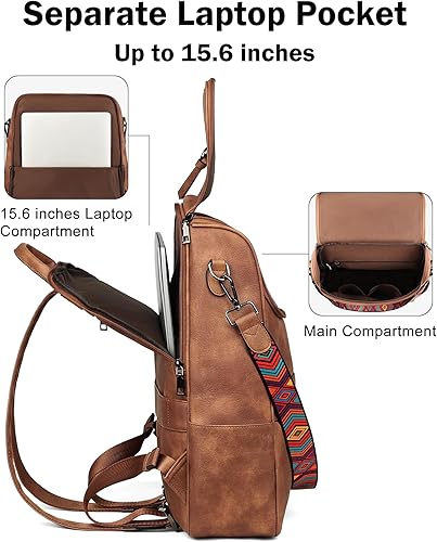 Miniatura 3 de FADEON Laptop Backpack for Women Leather Travel Backpack with Laptop Compartment, Designer Ladies Computer Backpacks Brown