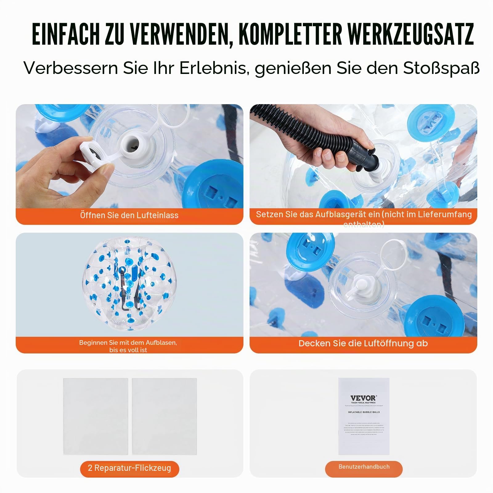 VEVOR Aufblasbarer Bump Ball Bumper Stoßball 2 STK. 1,2 m x 1,03 m, Menschlicher Kollisionsball, PVC-Körperblasen-Bounce-Ball für Outdoor-Aktivitäten, Rote+Blaue Punkte/Transparent