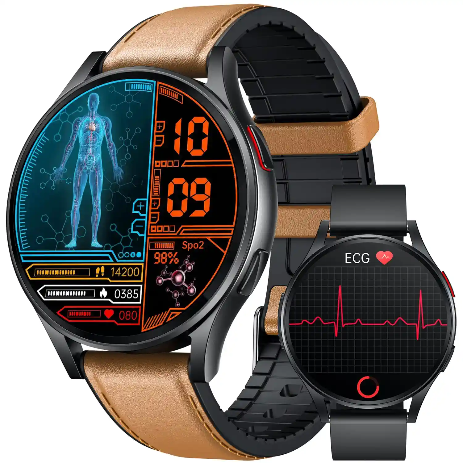 Smartwatch Herren mit EKG+𝐇𝐑𝐕 Blutdruck 𝐁𝐥𝐮𝐭𝐳𝐮𝐜𝐤𝐞𝐫: Smart Watch Uhr 1,43" Rund AMOLED Lederarmband Armbanduhr Wasserdicht Herzfrequenz Schrittzähler Telefonfunktion Fitnessuhr Android iOS