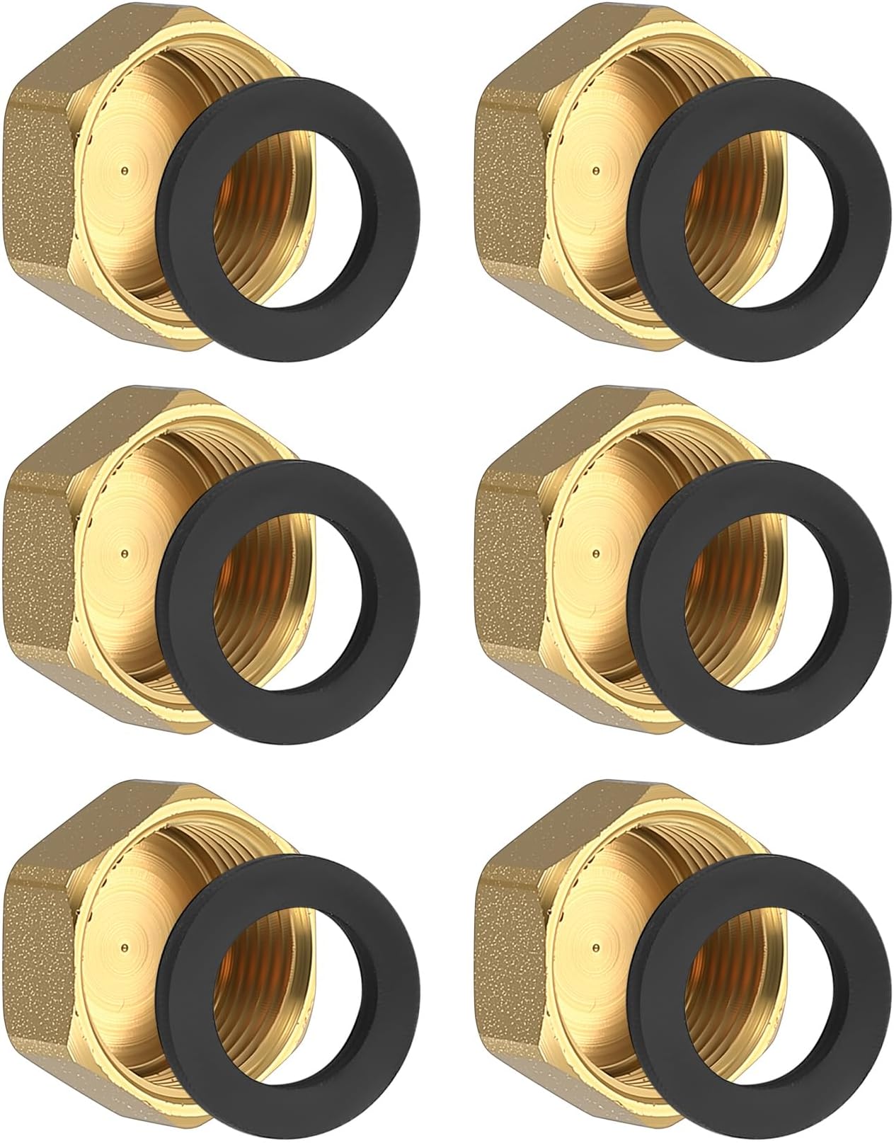 Pack of 6 Brass Caps, Hose Caps, Hexagonal 3/4 Inch, Drain Preventer Blanking Plugs, Internal Thread End Cap, Sealing Caps, Pipe Cap, Brass Fitting with (6 Pieces Brass)