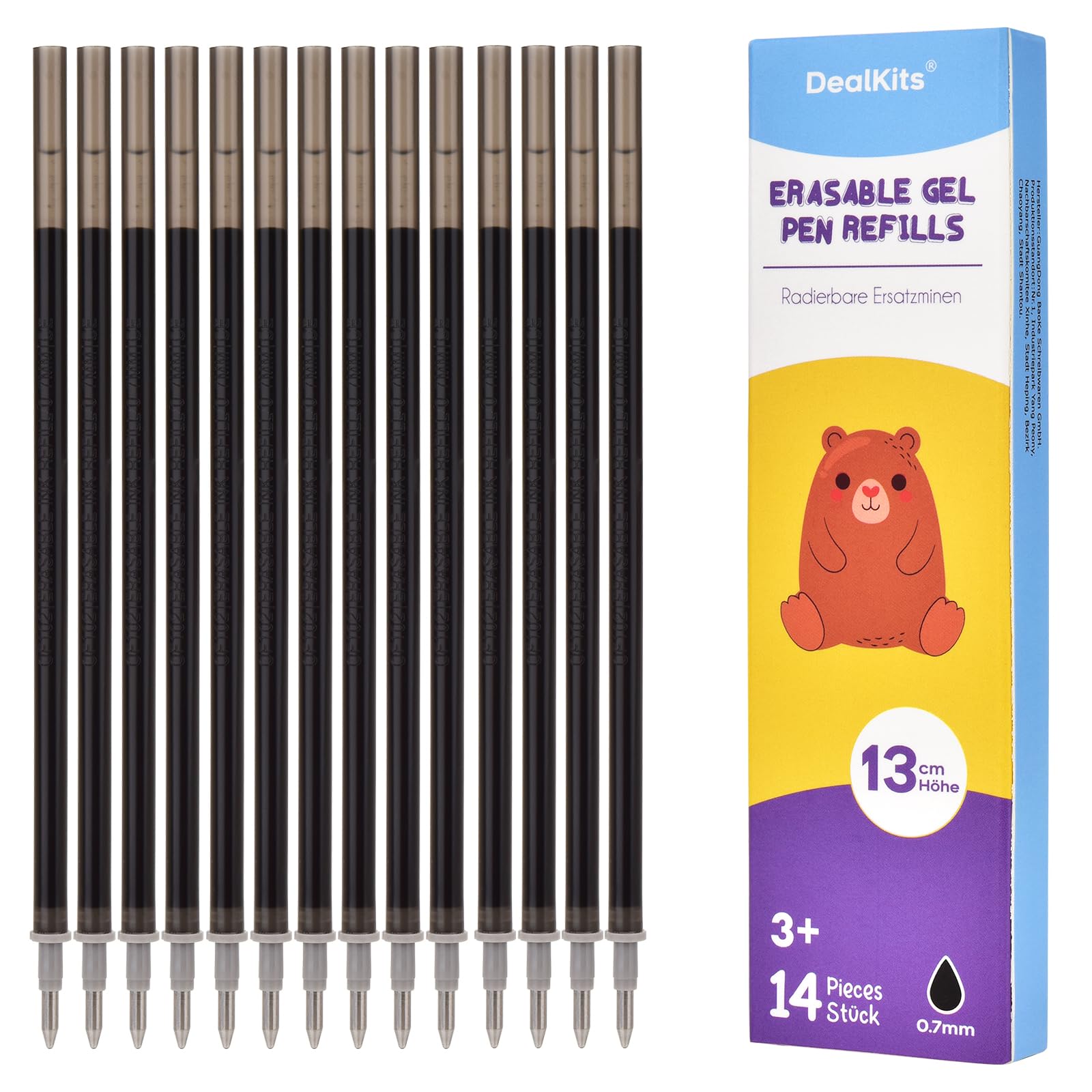 DealKits - Juego de 14 minas de repuesto borrables negras, compatibles con Legami, bolígrafo borrable, punta de bolígrafo de 0,7 mm, altura de 13 cm, mina de tinta de gel, ideal para material escolar