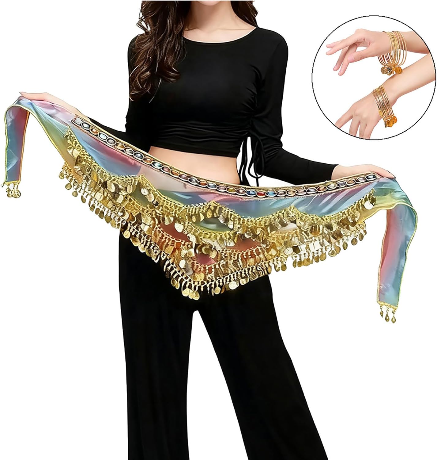 Belly Dance Hip Scarf Belly Dance Waist Chain Belt with 300 Coins Multicolor - Image 7