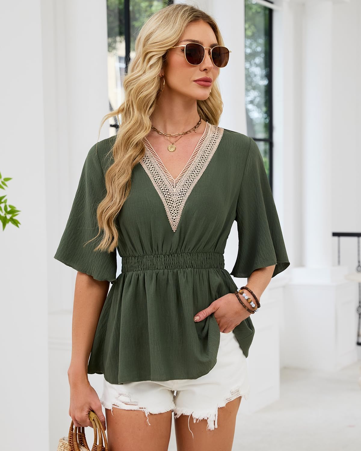 HEYTALALA Womens Summer Tops Dressy Casual Ruffle Short Sleeve Lace V Neck Smocked Peplum Blouses Babydoll Shirts - Image 4