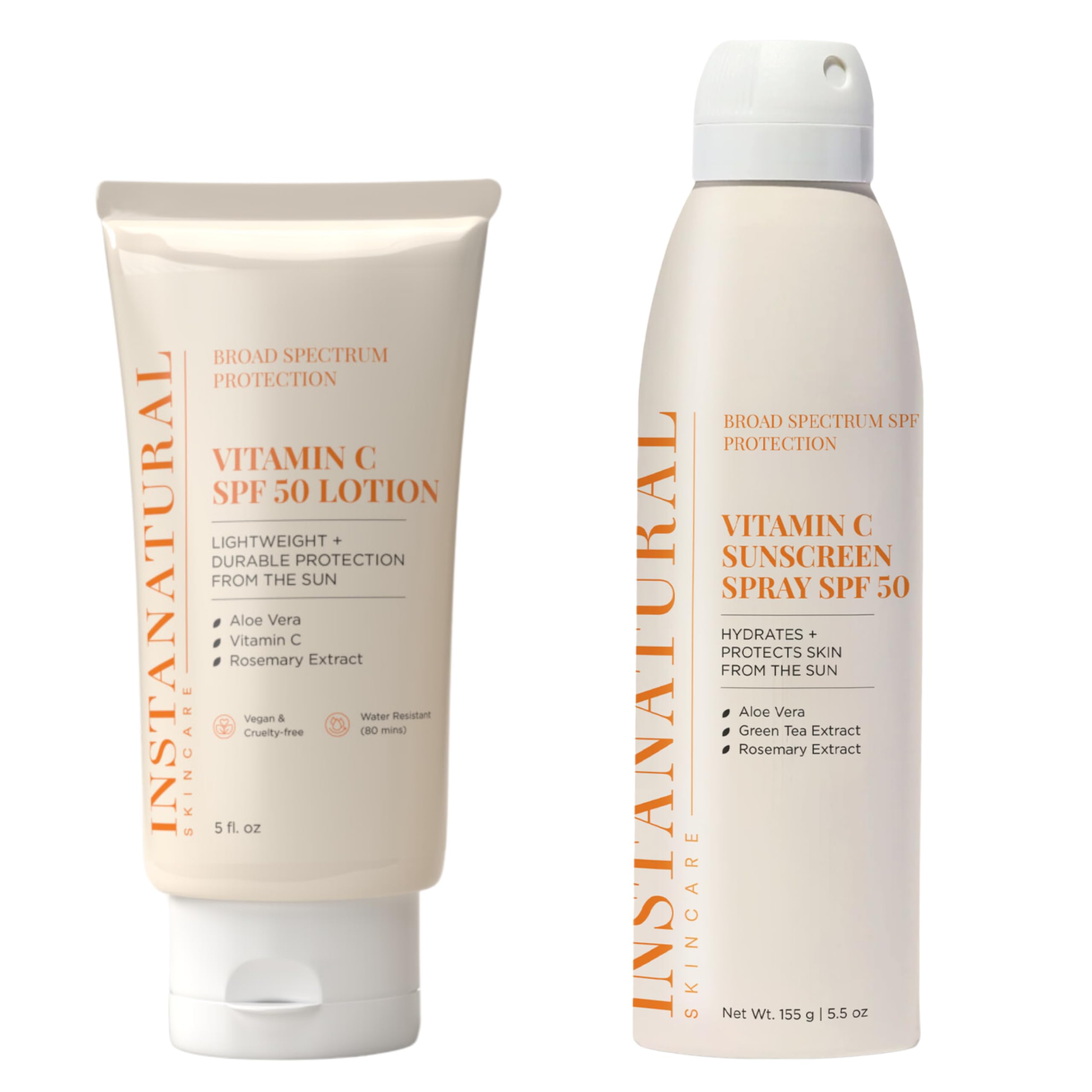 InstaNatural Skin Care Vitamin C SPF 50 Broad Spectrum Sunscreen Lotion Spray Bundle Brightening Lightweight Non-Greasy formula for