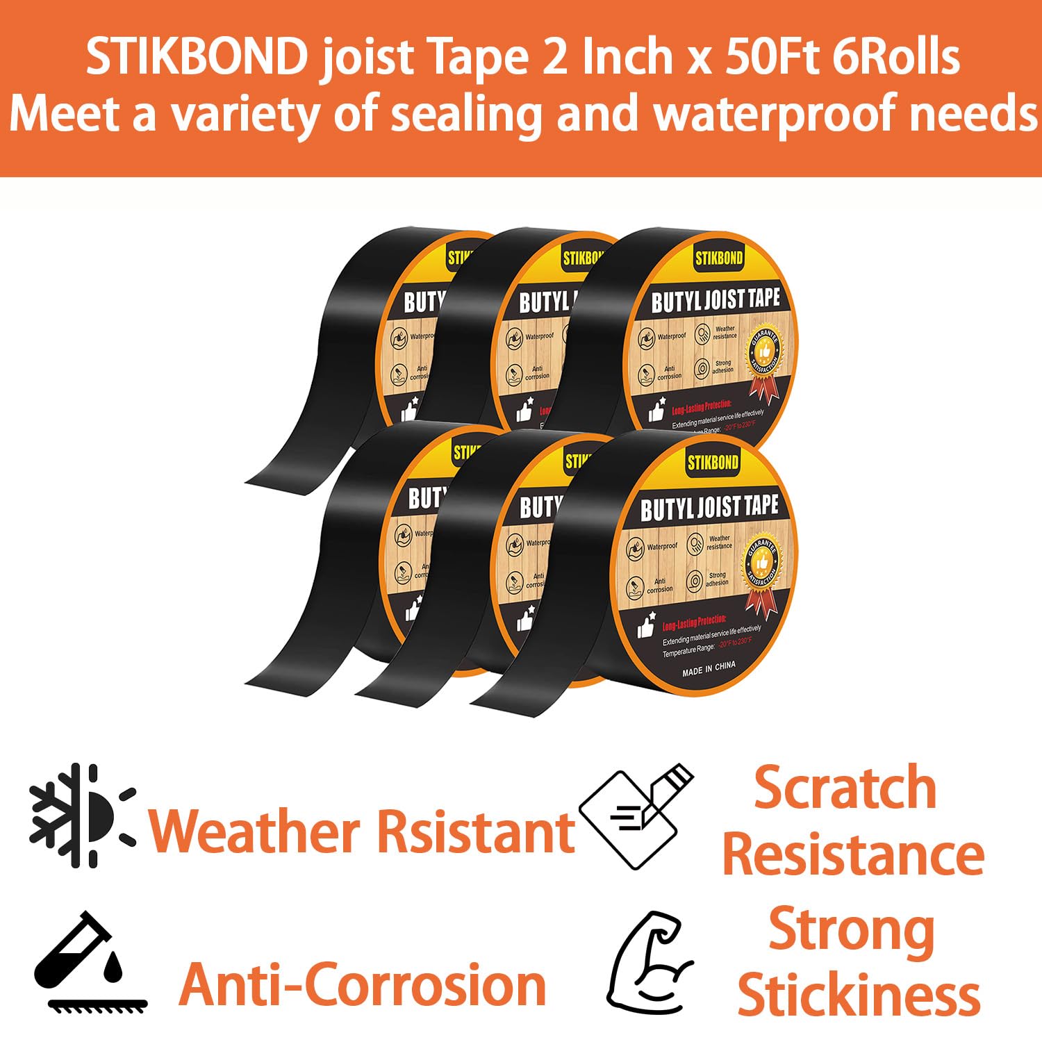 Joist Tape 2" x 50FT 6rolls Butyl Deck Tape,Resistance Butyl Tape,Waterproof and Anti-Corrosion Flashing Tape for Wood Deck, Joist, Beams, Roofs, RV, Doors
