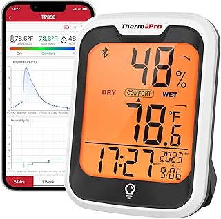 ThermoPro TP358 Bluetooth Thermometer for Room Temperature with Built-in Clock, Smart Temperature Sensor and Humidity Meter with Backlit, 260Ft Hygrometer Indoor Thermometer for Home Greenhouse