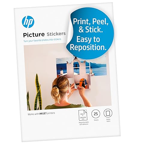 HP Adhesivos fotográficos de 8.5 x 11 pulgadas, 25 hojas autoadhesivas, fácilmente reposicionables, adhesivos fotográficos mate. Imprimir, despegar
