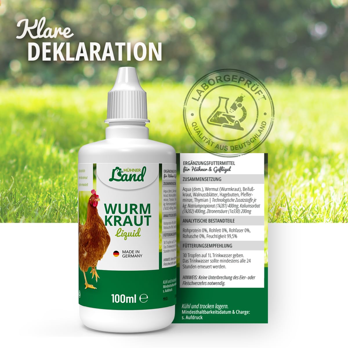 Test très bien 2026 HÜHNER Land Herbe vermifuge liquide 100 ml – pour poules et volailles, avec véritable vermifuge (Artemisia Absinthium) dans une formule végétale à base de recettes, convient pour