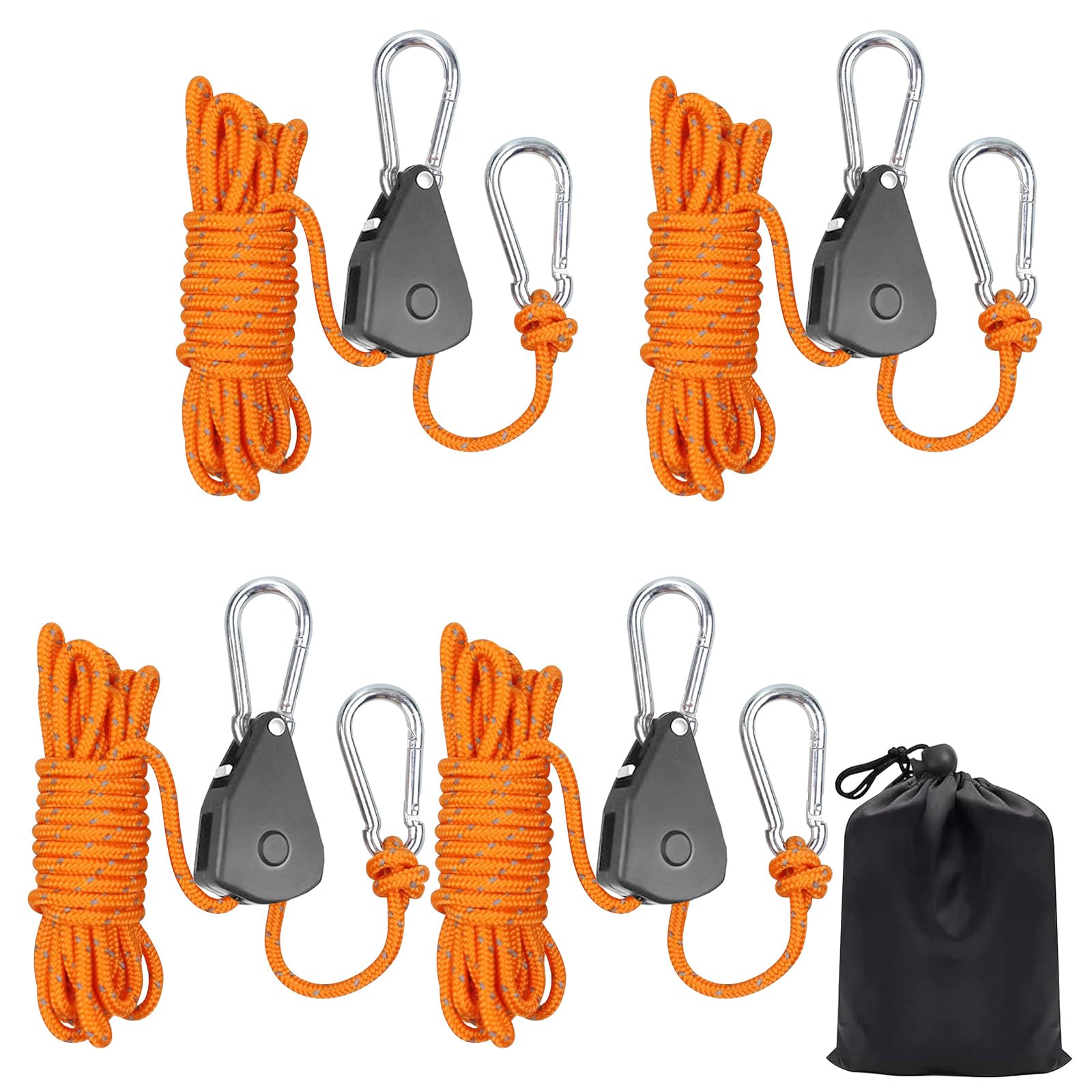 4PCS Reflective Tent Guy Ropes, 6 mm TentCamping Cord with Pulley, 5M Heavy-Duty Guide Buckle Rope with Aluminum Adjuster, TentGuy Ropes for Awning Outdoor TentTarp Gazebo Hiking Awning Picnics- OG