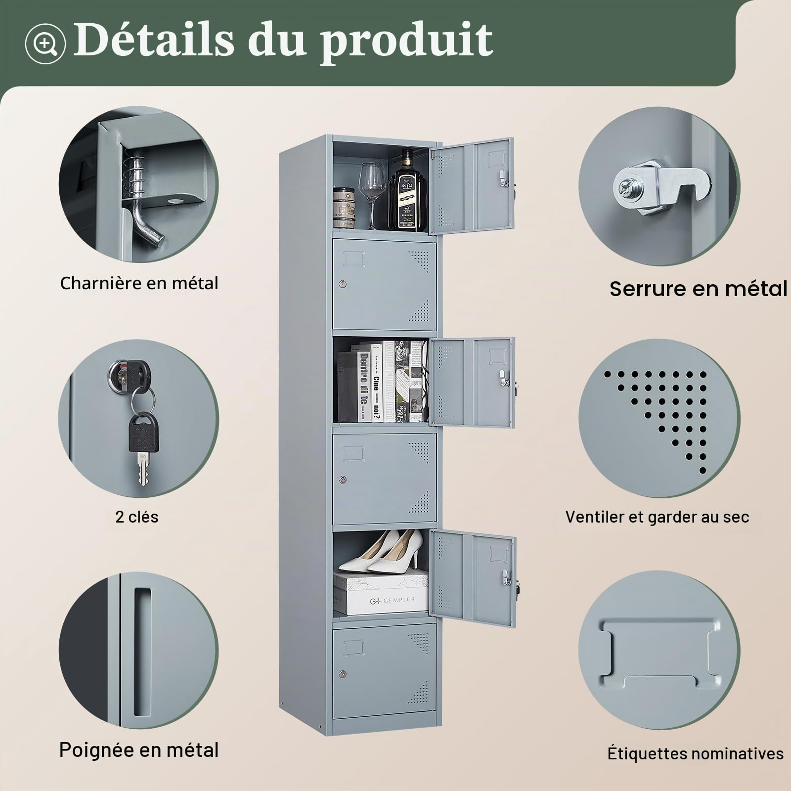 Sightlife Casier métallique 6 portes Armoire vestiaire avec clé 160x38x43.2cm Gris