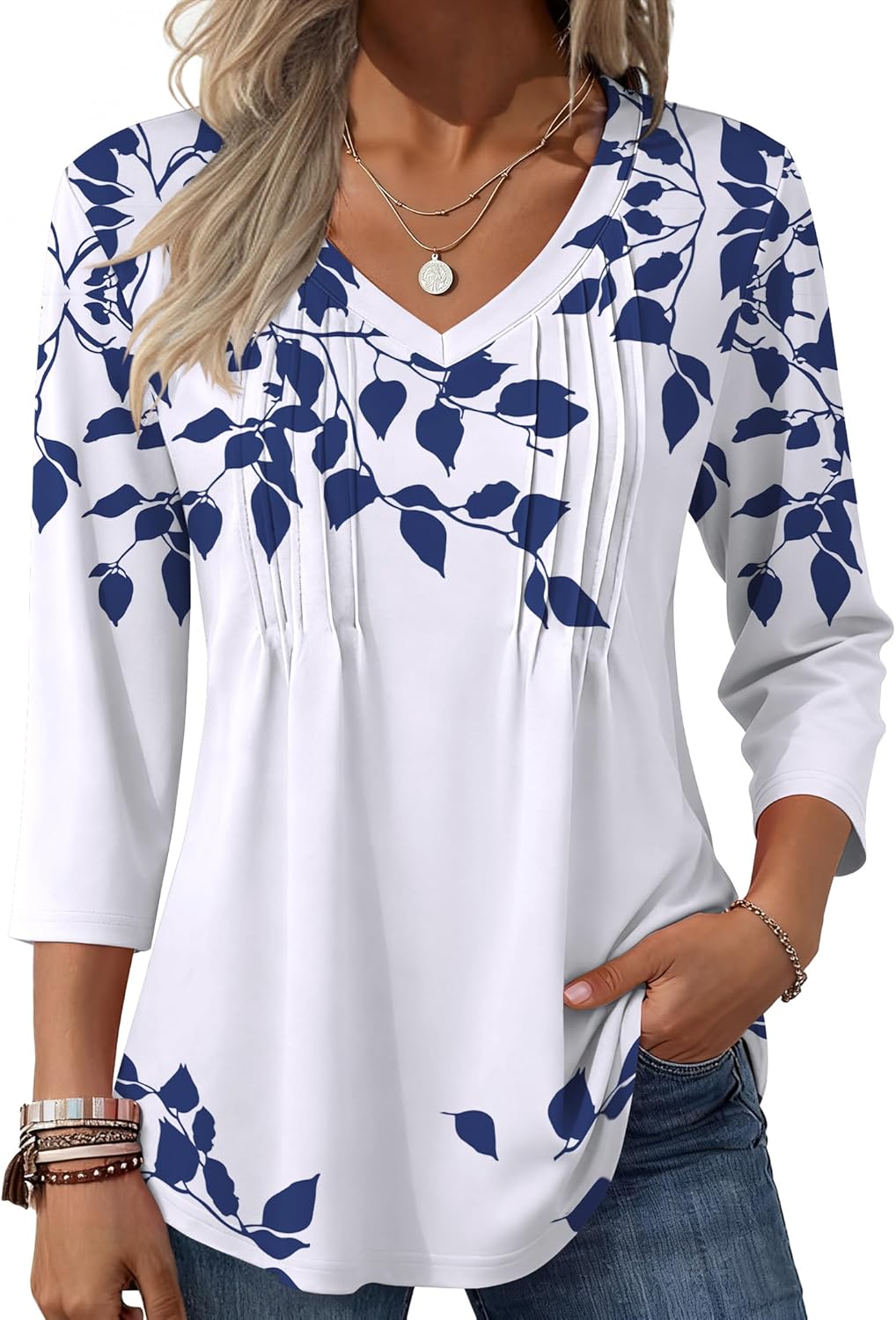 Zeagoo 3/4 Length Sleeve Womens Tops Casual V Neck Pleated Top Boho Floral Blouses Work Shirts