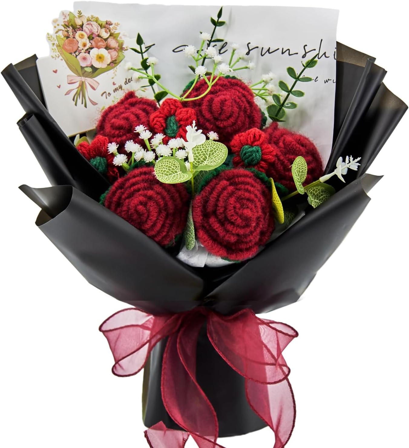HUEHUG Handmade Crochet Red Rose Bouquet - Artificial Flowers with Gift Card & Bag for Weddings, Birthdays, Home Decor (14" Tall, Black Wrap)